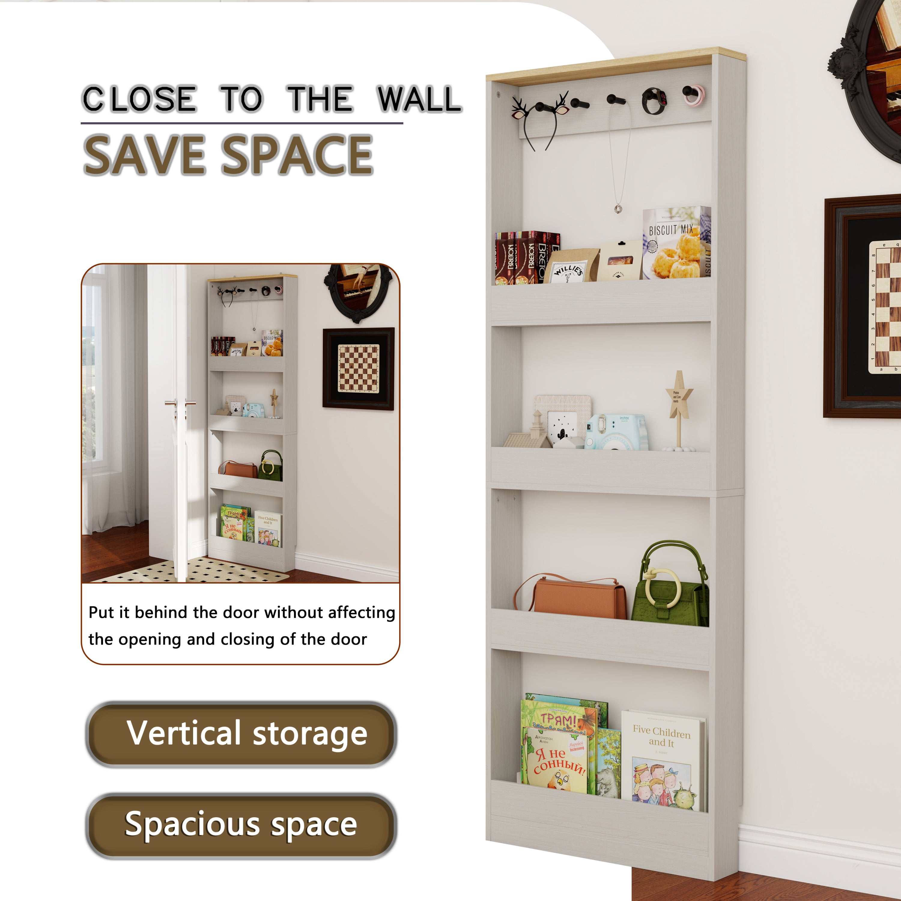 Behind The Door 69' Tall Bookcase with 4 Shelves and 5 hooks,  Space-Saving Narrow storage cabinet for Living Room, Children's Room, Study Room, Kitchen, Corridor-Antique White - Grand Goldman Shop