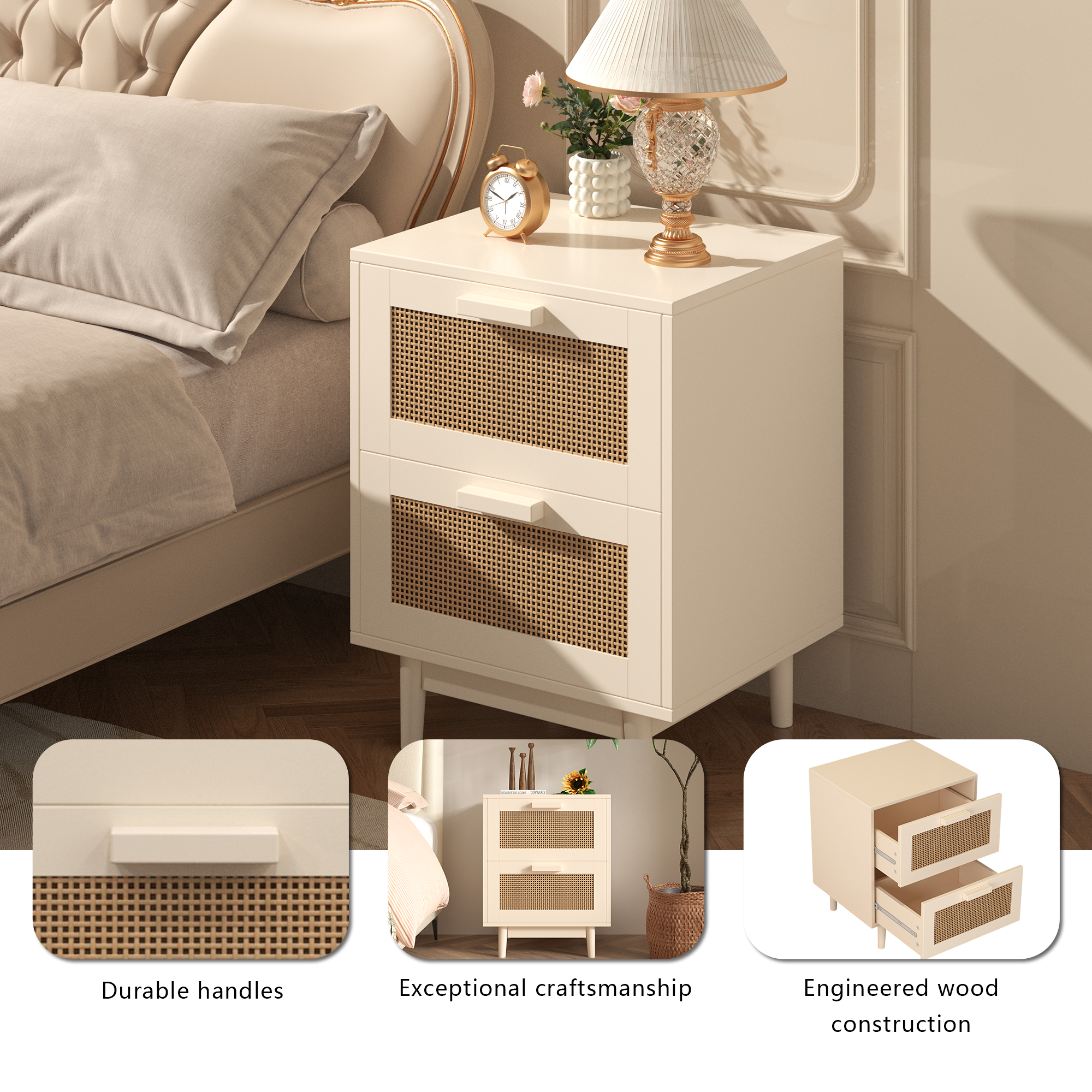 Rattan Nightstand with Wood Finish and 2 Faux Rattan Drawers, Antique Natural Color, Storage Side Table for Bedroom or Living Room - Grand Goldman Shop