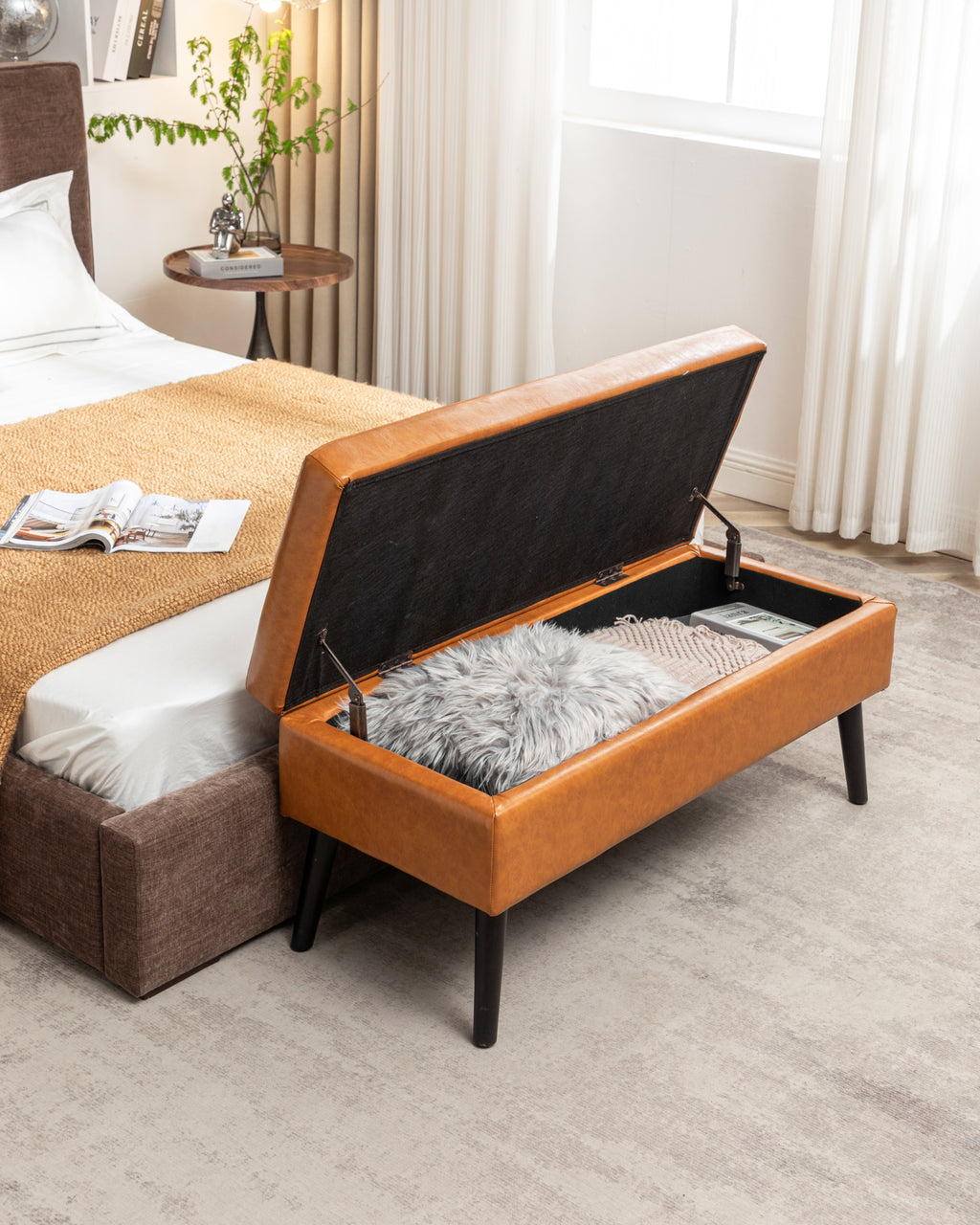 Storage Bench with Storage Bench for Bedroom End of Bed Bench Foot of Bed Bench Entryway Bench Storage Ottoman Bench 43.3' W x 17.7' Brown Leather Bench - Grand Goldman Shop