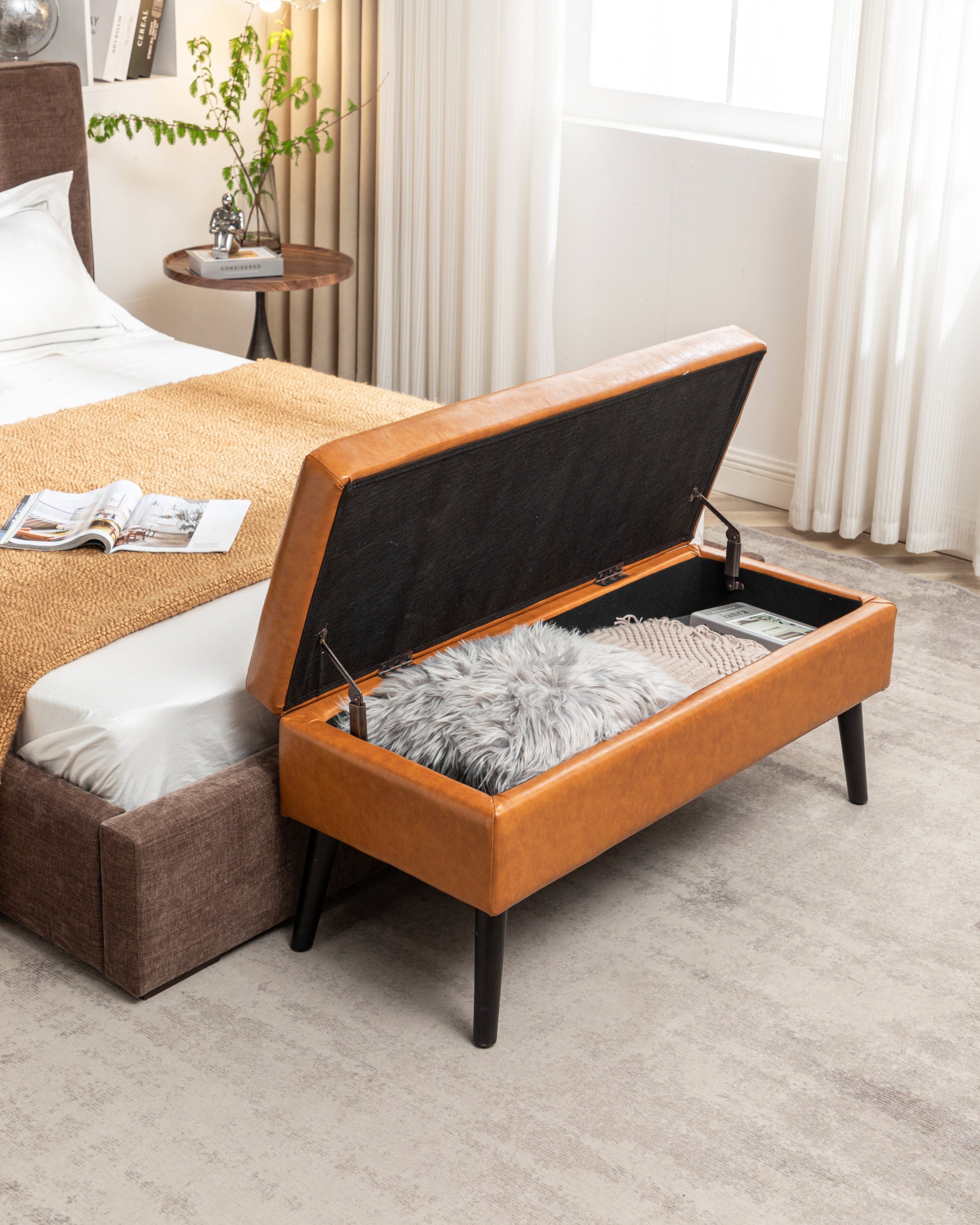 Storage Bench with Storage Bench for Bedroom End of Bed Bench Foot of Bed Bench Entryway Bench Storage Ottoman Bench 43.3' W x 17.7' Brown Leather Bench - Grand Goldman Shop