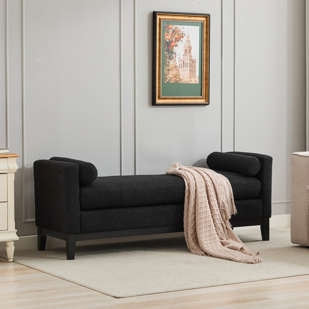 Elegant Upholstered Bench, Daybed, Ottoman with Wood Legs & 2 Bolster Pillows, Black Boucle, 66.34' - Grand Goldman Shop