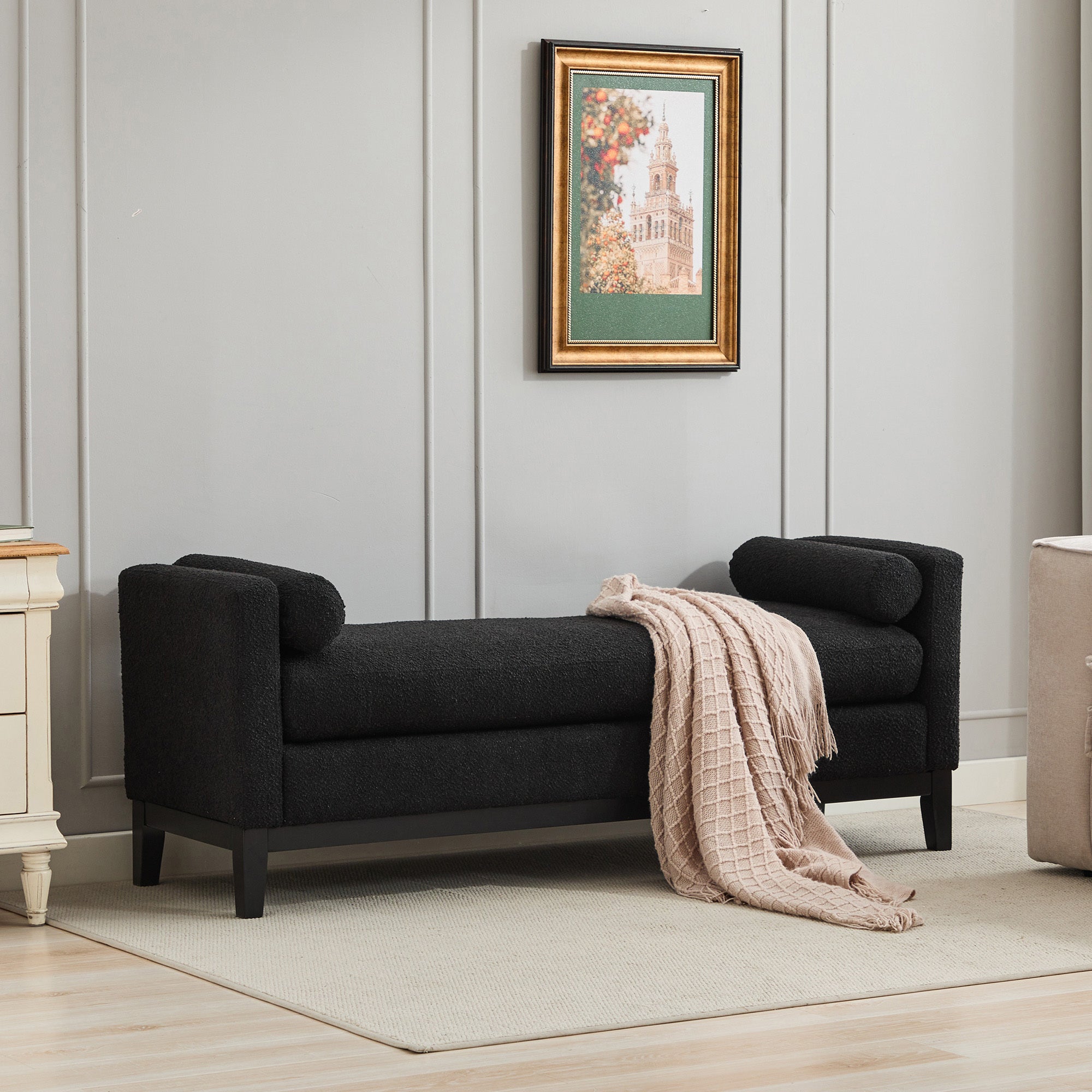 Elegant Upholstered Bench, Daybed, Ottoman with Wood Legs & 2 Bolster Pillows, Black Boucle, 66.34' - Grand Goldman Shop