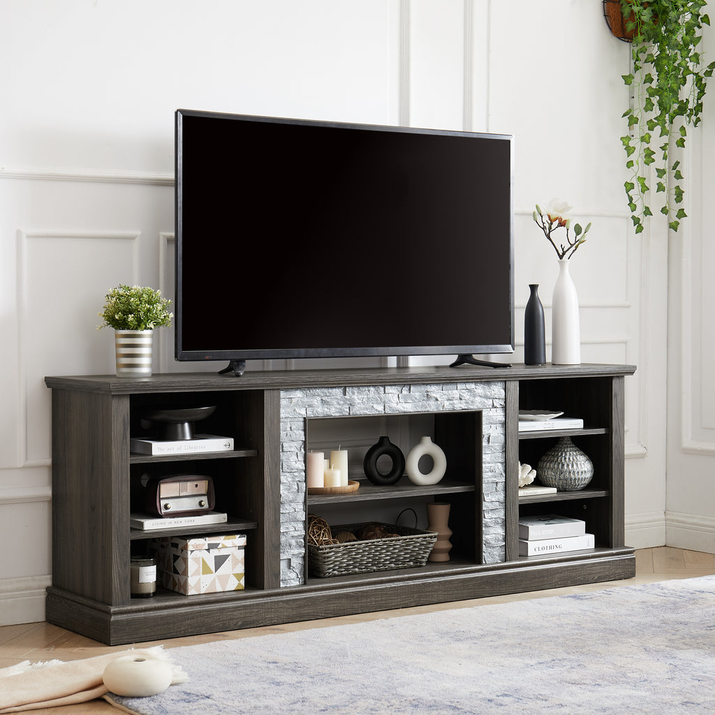 Large TV Stand TV Desk Storage Rack with Faux Stacked Stone Surround,Media Console Table with Large Storage Cabinet,Modern TV Media Entertaionment Stand,GREY, 70.12'W*15.35'D*25.83'H - Grand Goldman Shop