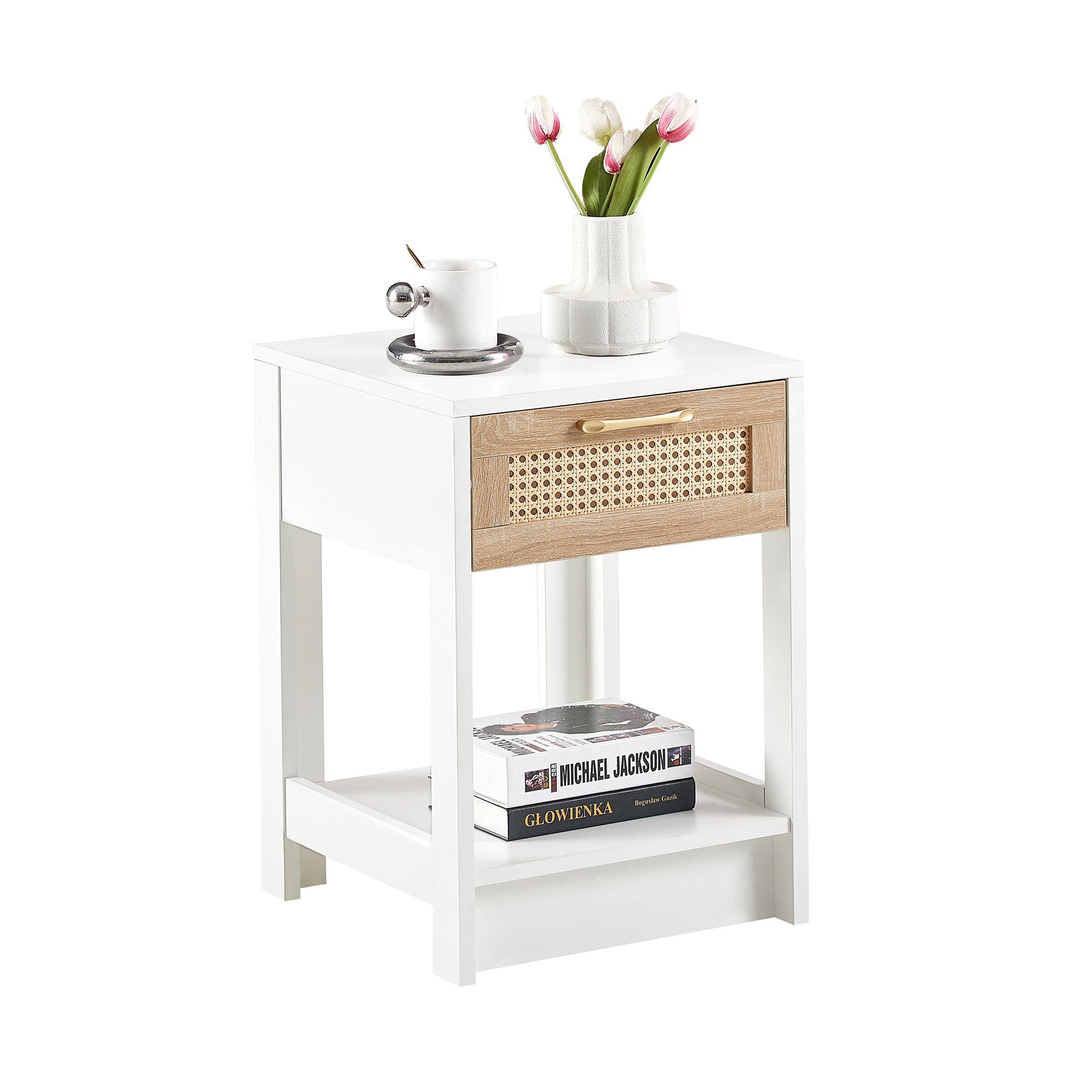 Modern Rattan End Table with Drawer, White MDF and Rattan, 15.75' Square - Grand Goldman Shop