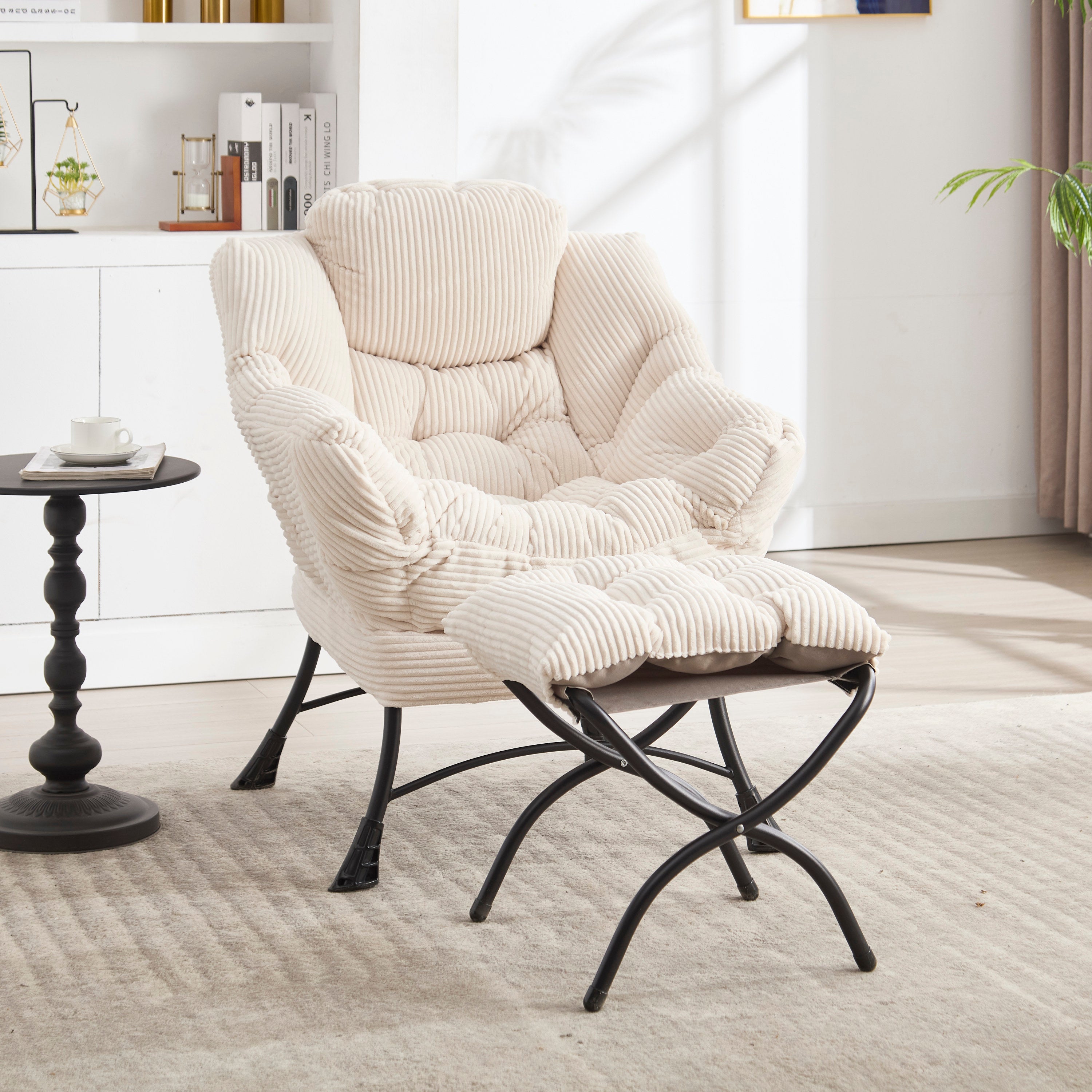 Lazy Chair with Ottoman, Modern Lounge Accent Chair with Armrests and a Side Pocket, Leisure Upholstered Sofa Chair Reading Chair with Footrest for Small Space, Corner Chair-White - Grand Goldman Shop