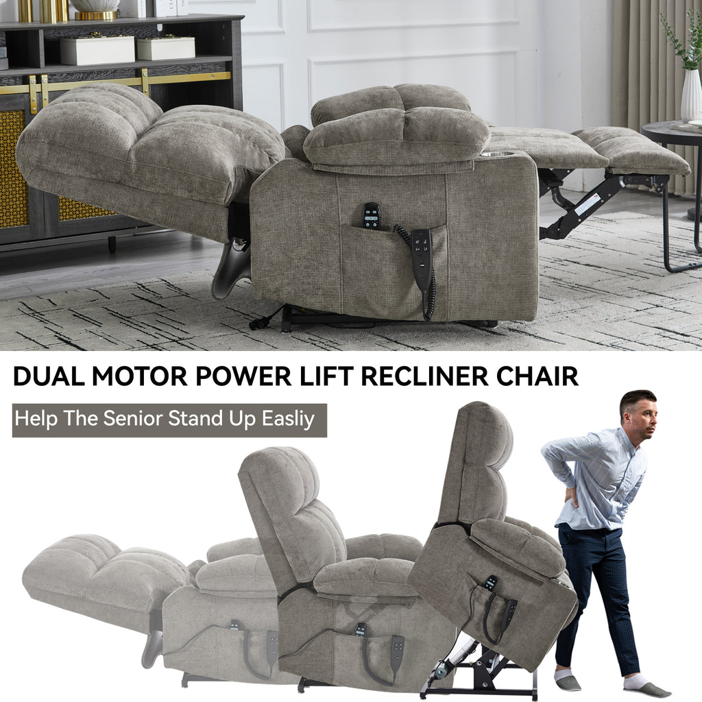 Brown Dual Motor Infinite Position Up to 350 LBS Chenille Power Lift Recliner Chair, Heavy Duty Motion Mechanism with 8-Point Vibration Massage and Lumbar Heating, Dual Cup Holders - Grand Goldman Shop