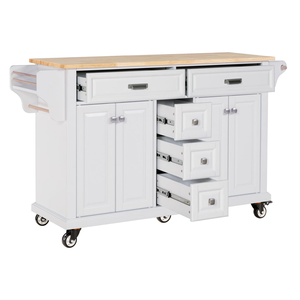 Kitchen Island with Rubber wood Countertop, Kitchen Cart on 5 Wheels with Storage Cabinet and 5 Drawers for Dinning Room, White - Grand Goldman Shop