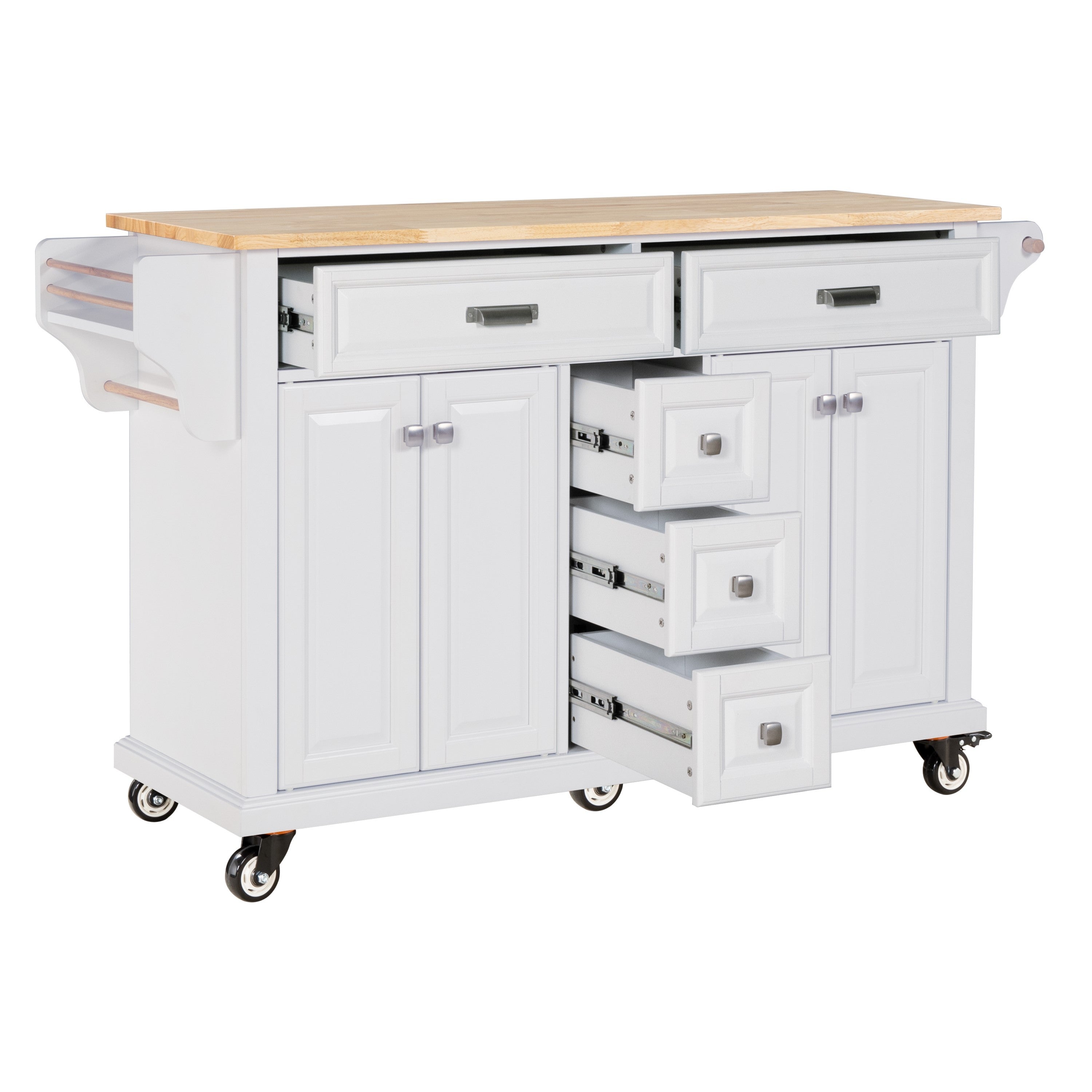 Kitchen Island with Rubber wood Countertop, Kitchen Cart on 5 Wheels with Storage Cabinet and 5 Drawers for Dinning Room, White - Grand Goldman Shop