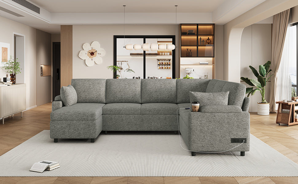 Versatile Light Grey Chenille Sectional Sofa Bed with Storage, Cup Holders & Charging Ports, 109.9' - Grand Goldman Shop