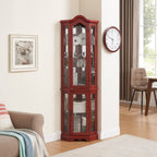 Curio Cabinet Lighted Glass Display Curio Cabinet w/Tempered Glass Doors and Shelves, Crown Corner Cabinet with Bulb, Corner Storage Decoration for Living room and Bedroom Cherry - Grand Goldman Shop
