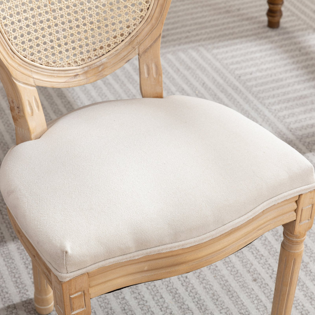 A&A Furniture,French Style Solid Wood Frame Antique Painting Linen Fabric Rattan Back Dining Chair,Set of 2,Cream,Beige - Grand Goldman Shop