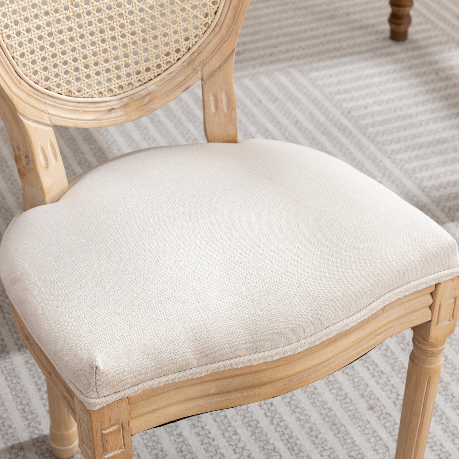 A&A Furniture,French Style Solid Wood Frame Antique Painting Linen Fabric Rattan Back Dining Chair,Set of 2,Cream,Beige - Grand Goldman Shop