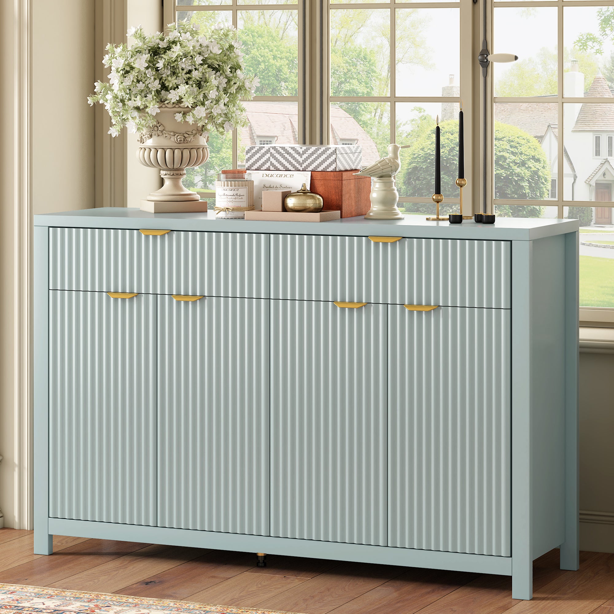 U_STYLE Modern 55.1'' Sideboard Buffet Cabinet with 2 Drawers & 4 Doors, Adjustable Shelves, Wave-Pattern Design, Aluminum Handles, Painted MDF, Scandinavian Storage for Dining Room, Living Room - Grand Goldman Shop