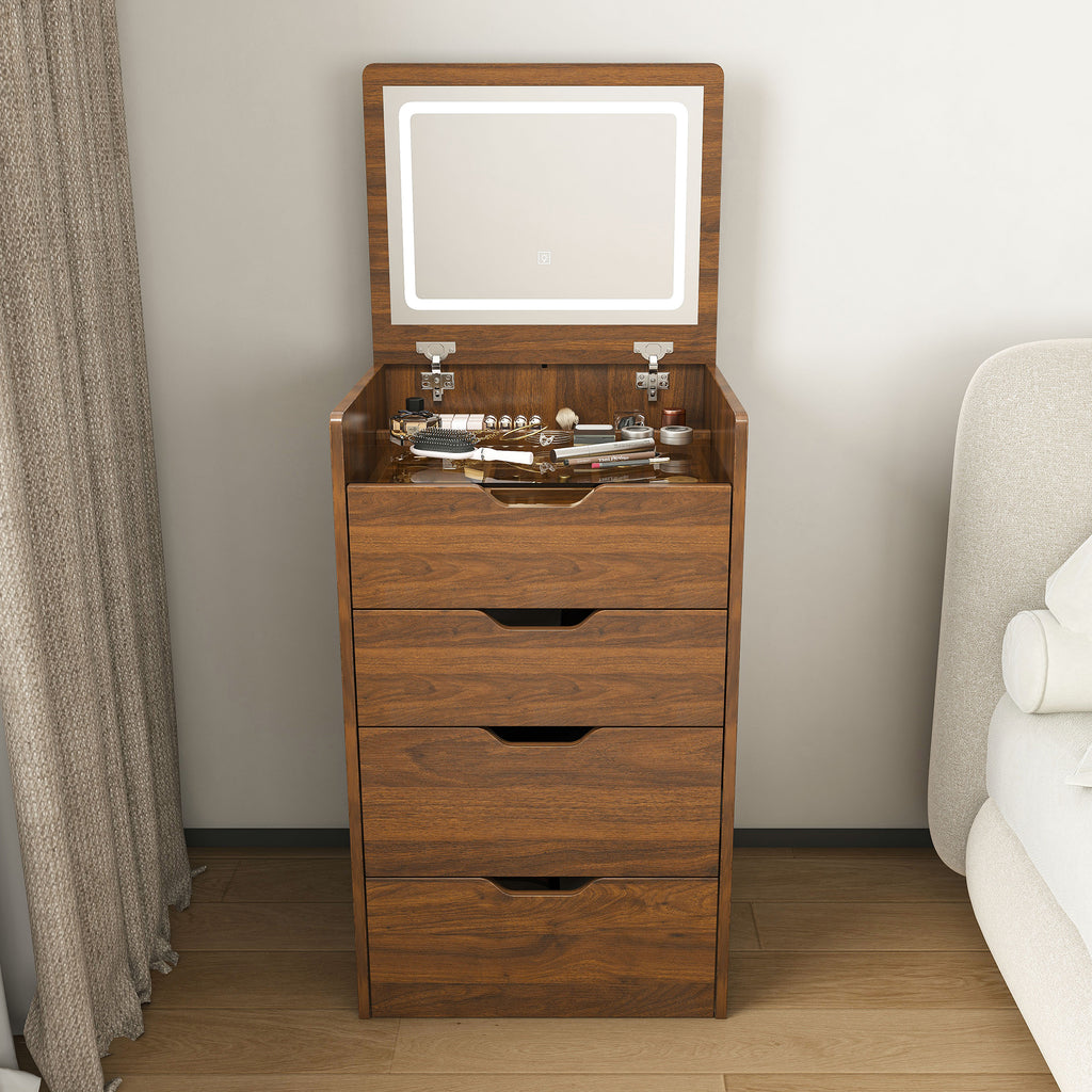 3-in-1 Vanity Desk with Lighted Mirror & Stool, Flip Top Makeup Dressing Table in Walnut Finish, Compact Storage for Bedroom or Bathroom - Grand Goldman Shop