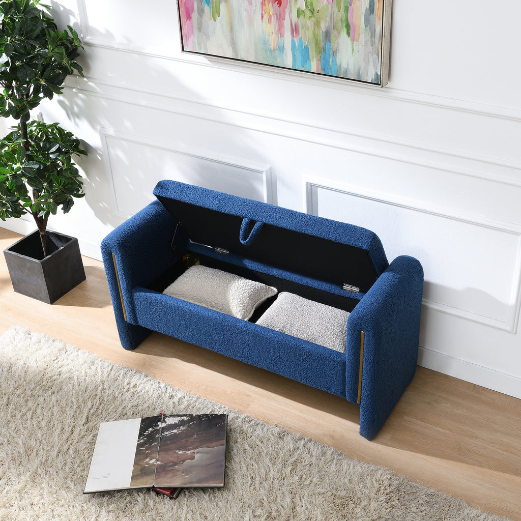 Modern Teddy Bed End Bench with Arms and Storage, Upholstered Large Foot Rest Stool in Navy Blue, Comfy Window Vanity Bench for Living Room, Bedroom, Dorm, Coffee Table - Grand Goldman Shop