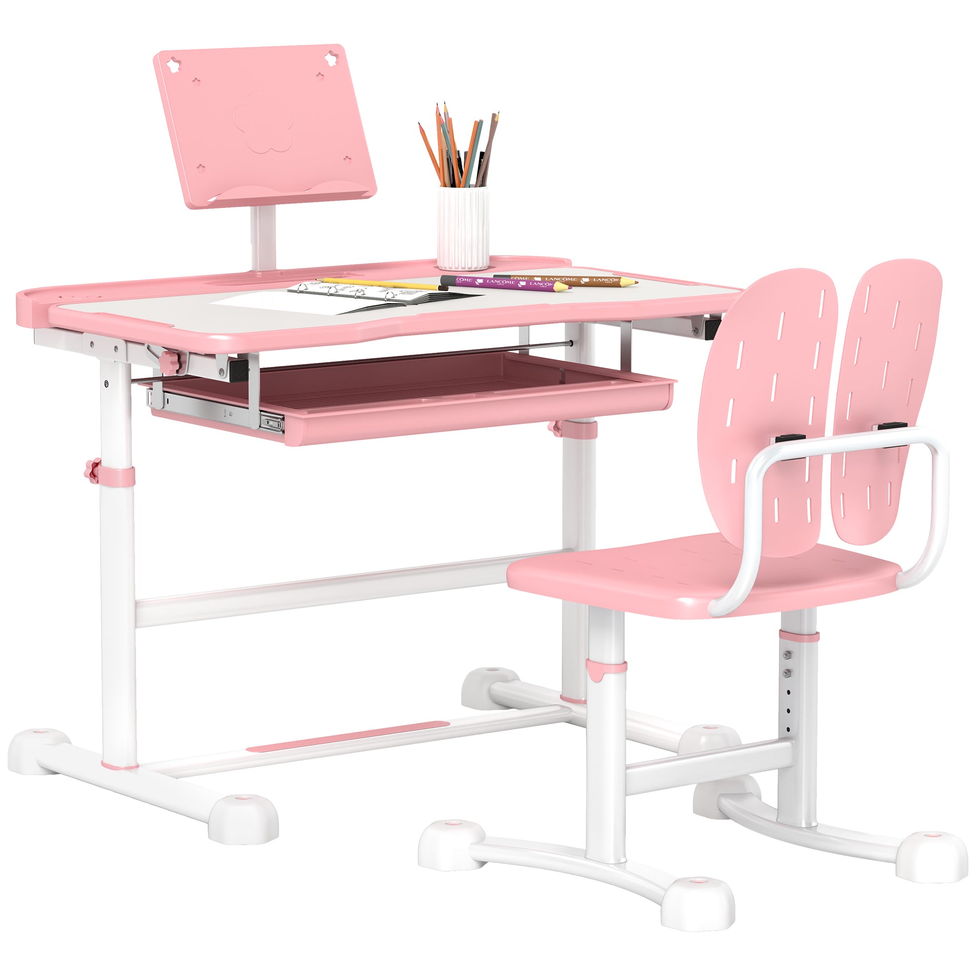 Qaba Kids Desk and Chair Set, Height Adjustable Kids School Study Desk and Chair Set with Tilt Desktop, Storage Drawer & Book