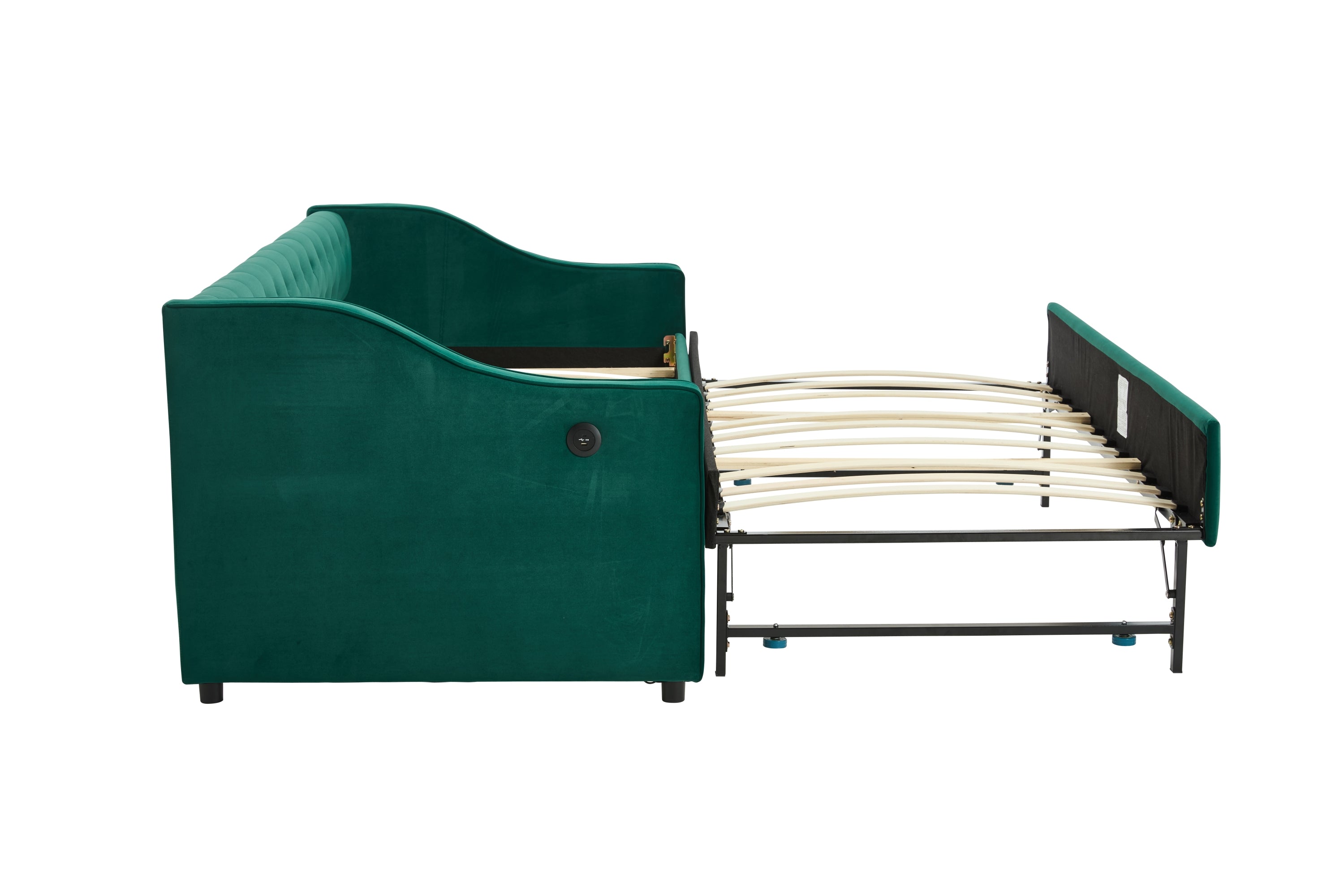 Twin Size Upholstered Daybed with Trundle,USB Port ,Side Pockets,Velvet Daybed with Button on Back and Piping on Waved Shape Arms for Bedroom Guest Room - Grand Goldman Shop
