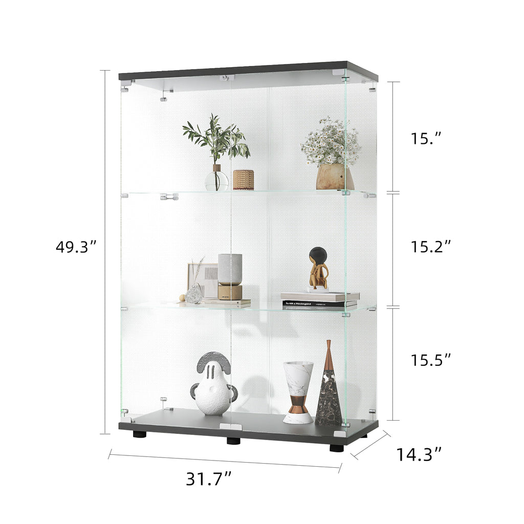 Two-door Glass Display Cabinet 3 Shelves with Door, Floor Standing Curio Bookshelf for Living Room Bedroom Office, 49.3'*31.7