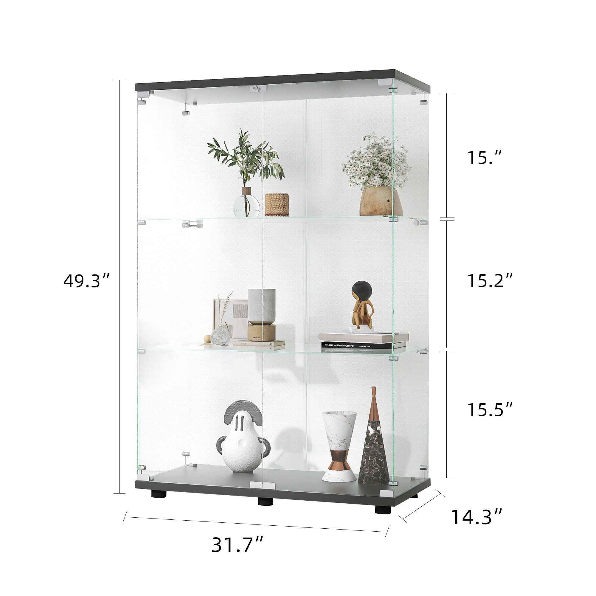 Two-door Glass Display Cabinet 3 Shelves with Door, Floor Standing Curio Bookshelf for Living Room Bedroom Office, 49.3'*31.7