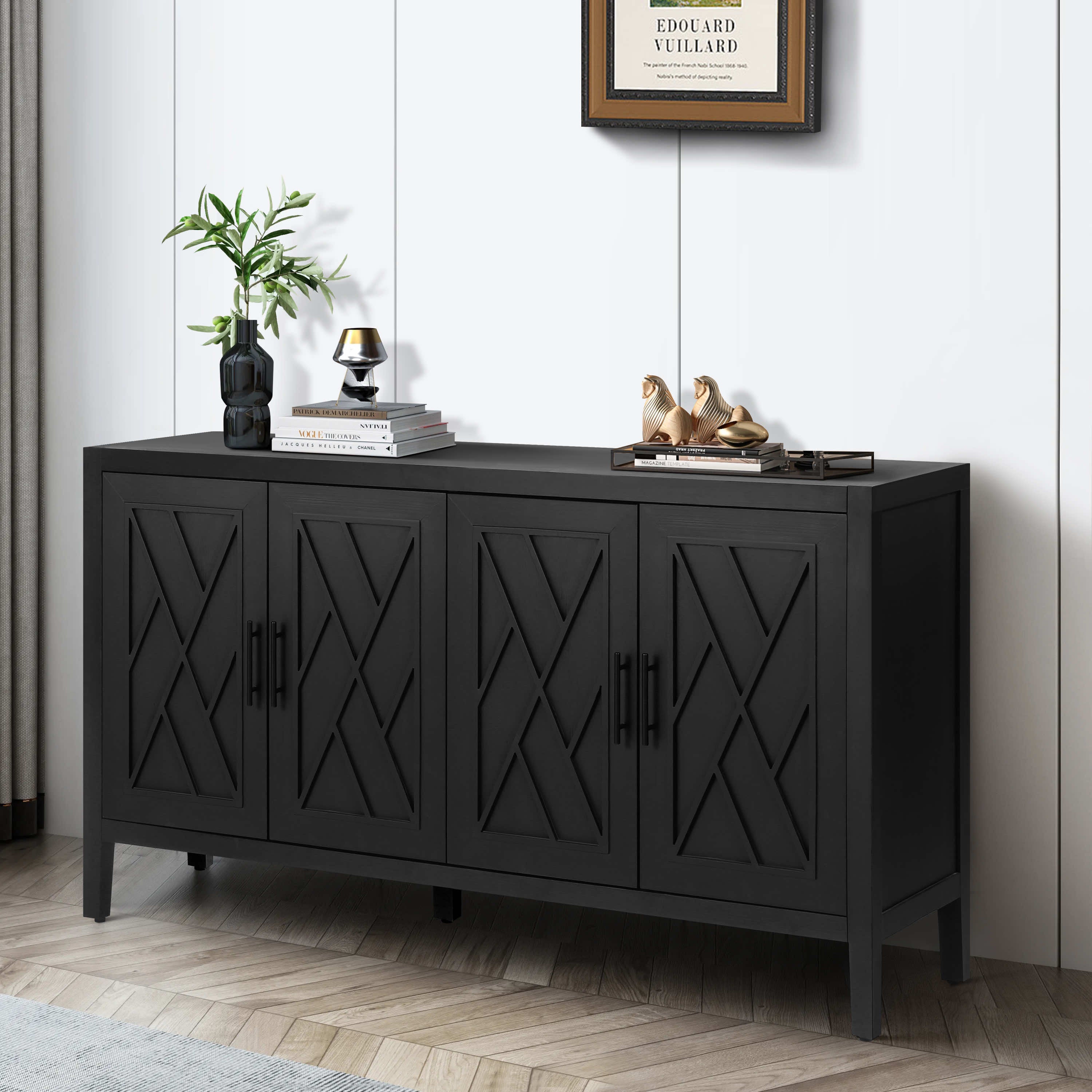60 inches Modern Farmhouse Accent Cabinet with 4 Doors and Adjustable Shelf Wood Sideboard Buffet Cabinet Console Table Credenza Buffet Table for Kitchen Dining Room Entryway Hallway(Antique Black) - Grand Goldman Shop