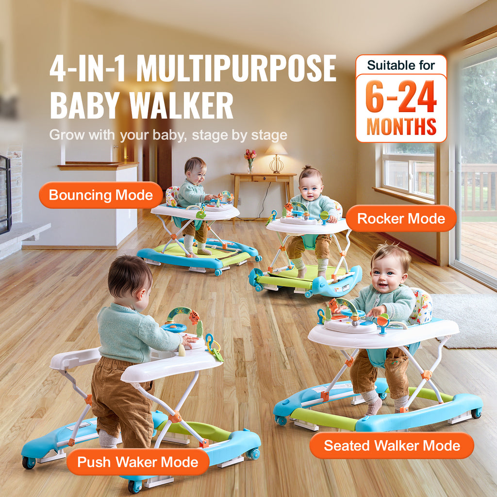 4-in-1 Baby Walker, Foldable Baby Activity Center on Wheels, 3 Adjustable Height, Music & Toys Tray, Learning-Seated,Walk-Beh