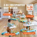 4-in-1 Baby Walker, Foldable Baby Activity Center on Wheels, 3 Adjustable Height, Music & Toys Tray, Learning-Seated,Walk-Beh