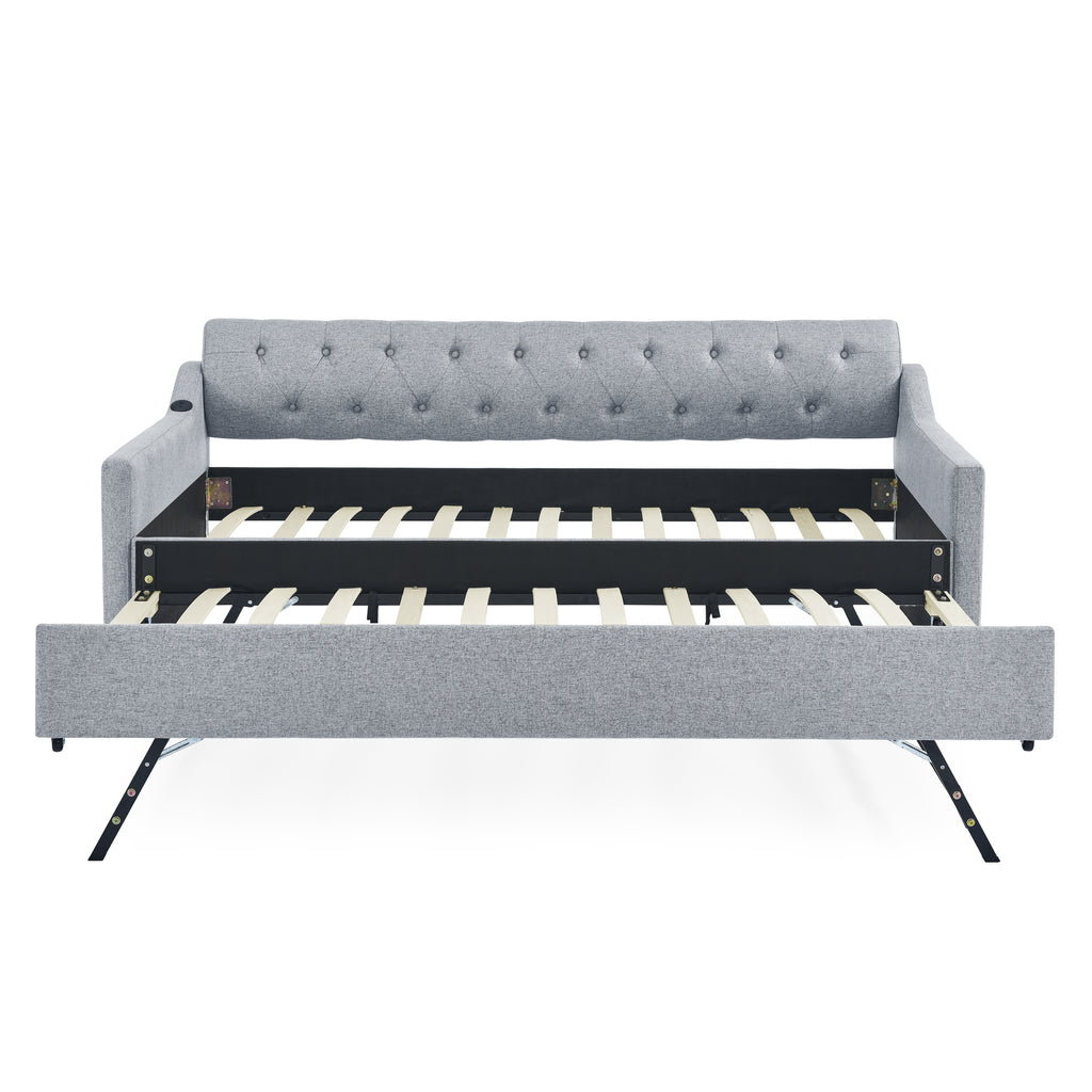 Linen Grey Mid-Century Style Twin Size Upholstered Daybed with Trundle and USB Charging Armrest - Grand Goldman Shop