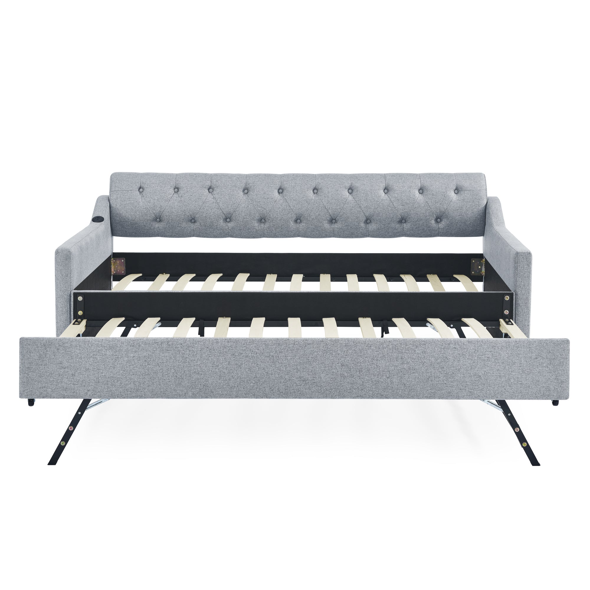 Linen Grey Mid-Century Style Twin Size Upholstered Daybed with Trundle and USB Charging Armrest - Grand Goldman Shop