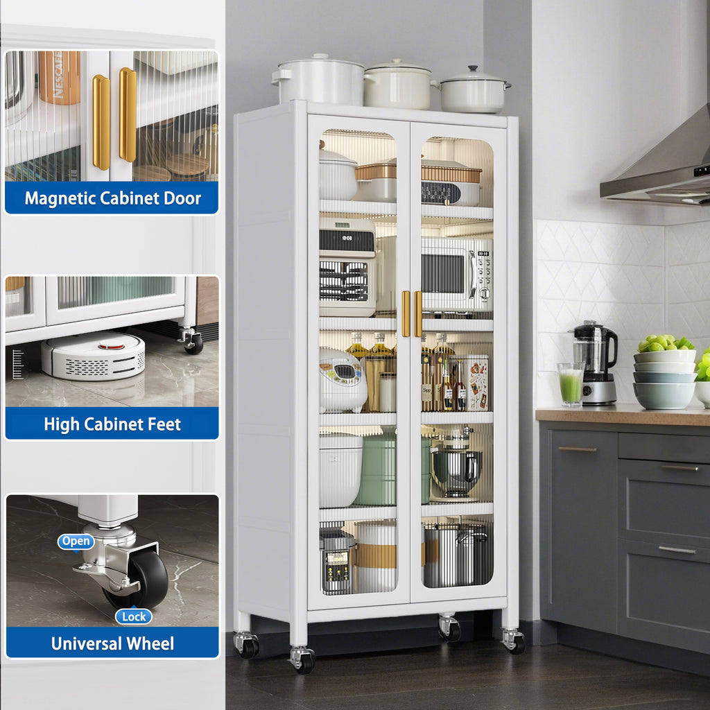 65'  Metal 6-Tier Storage Cabinet with Transparent Door, Adjustable Shelves & Wheels, for Kitchen Pantry Organization, White Metal - Grand Goldman Shop