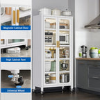 65'  Metal 6-Tier Storage Cabinet with Transparent Door, Adjustable Shelves & Wheels, for Kitchen Pantry Organization, White Metal - Grand Goldman Shop