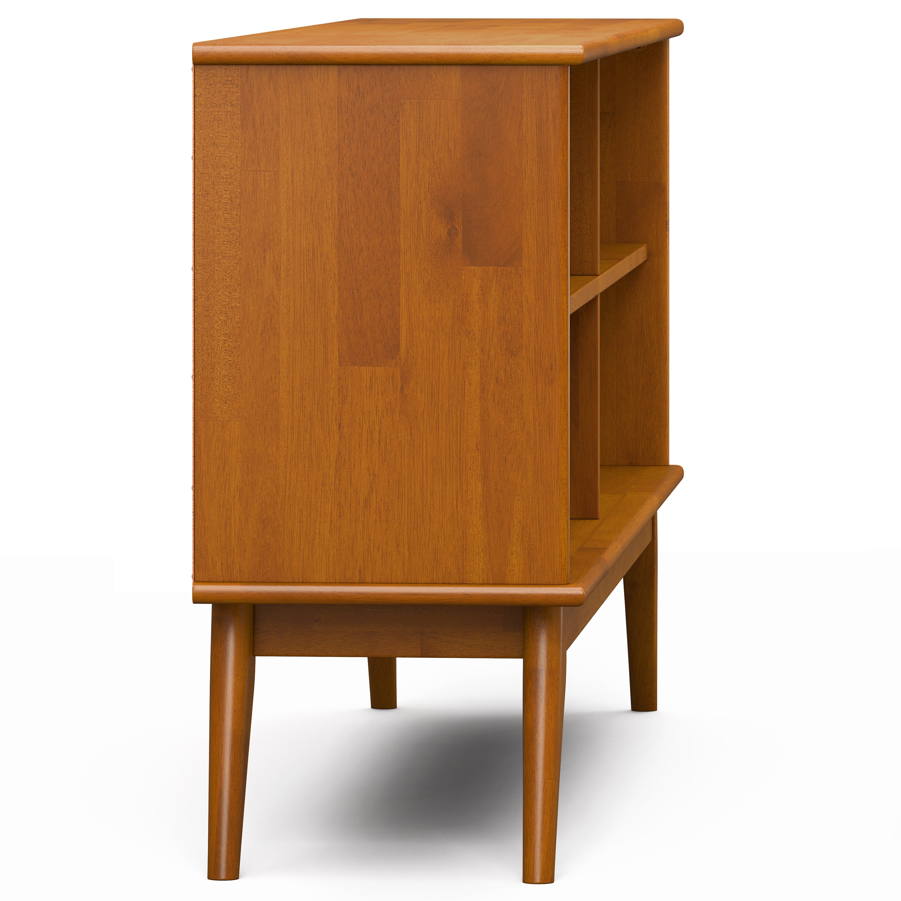 Draper Low Bookcase in Teak Brown: Mid-Century Modern Solid Wood Storage Unit with 4 Open Shelves, 14D x 64W x 30H - Grand Go