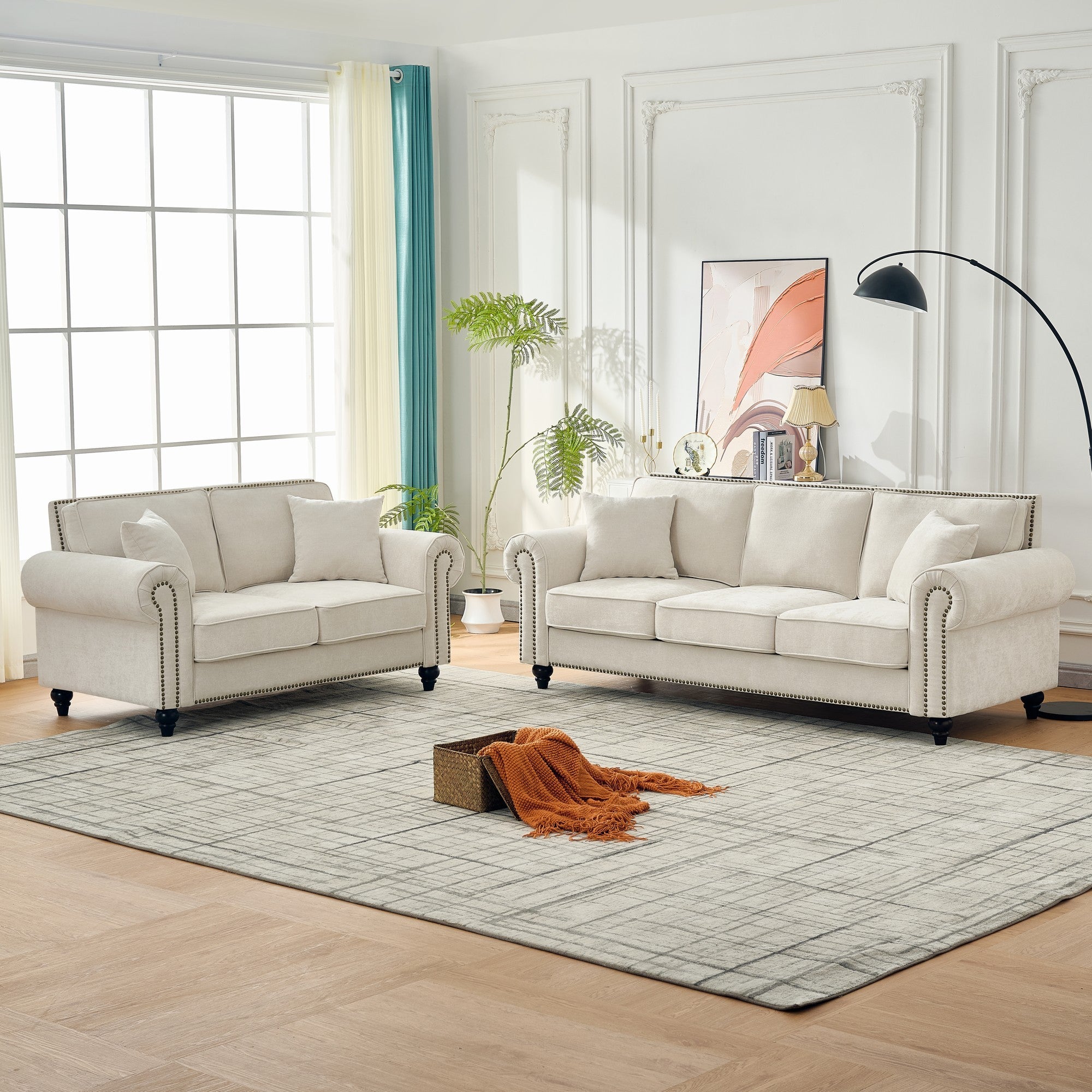Modern 2-Seater Sofa with Rolled Arms, Tufted Upholstery, Wood Legs, Nailhead Trim, Beige Fabric, 63' - Grand Goldman Shop