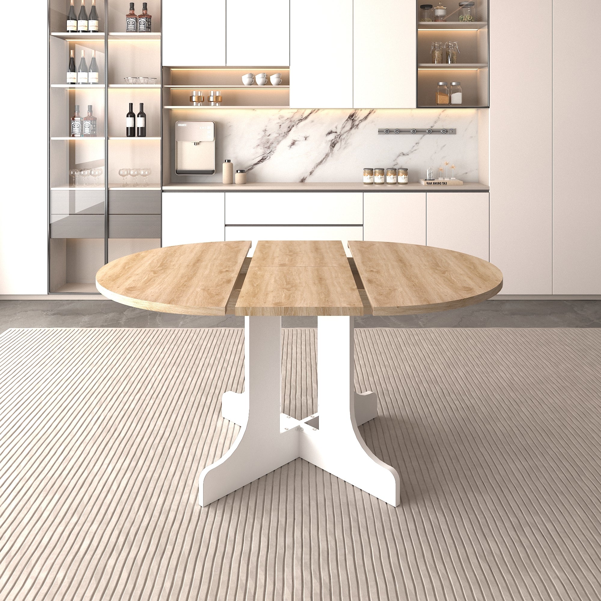 Dining Table for Farmhouse Kitchen 59x43 Inch Expandable Oval Table Top with Removable Leaf Trestle X Shaped Base White - Grand Goldman Shop
