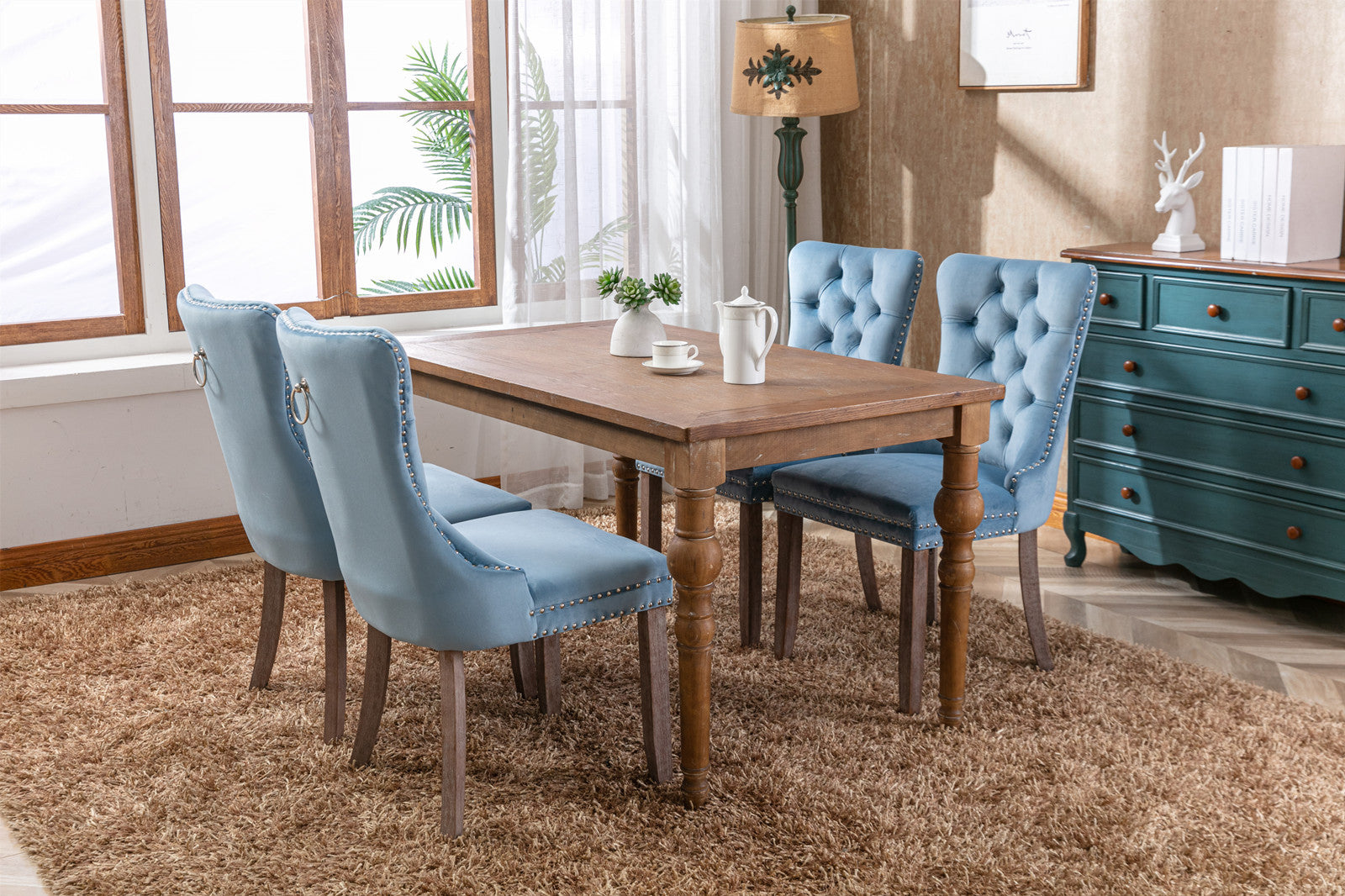 Nikki Collection Modern, High-end Tufted Solid Wood Contemporary Velvet Upholstered Dining Chair with Wood Legs Nailhead Trim 2-Pcs Set,Light Blue, SW2001LB - Grand Goldman Shop