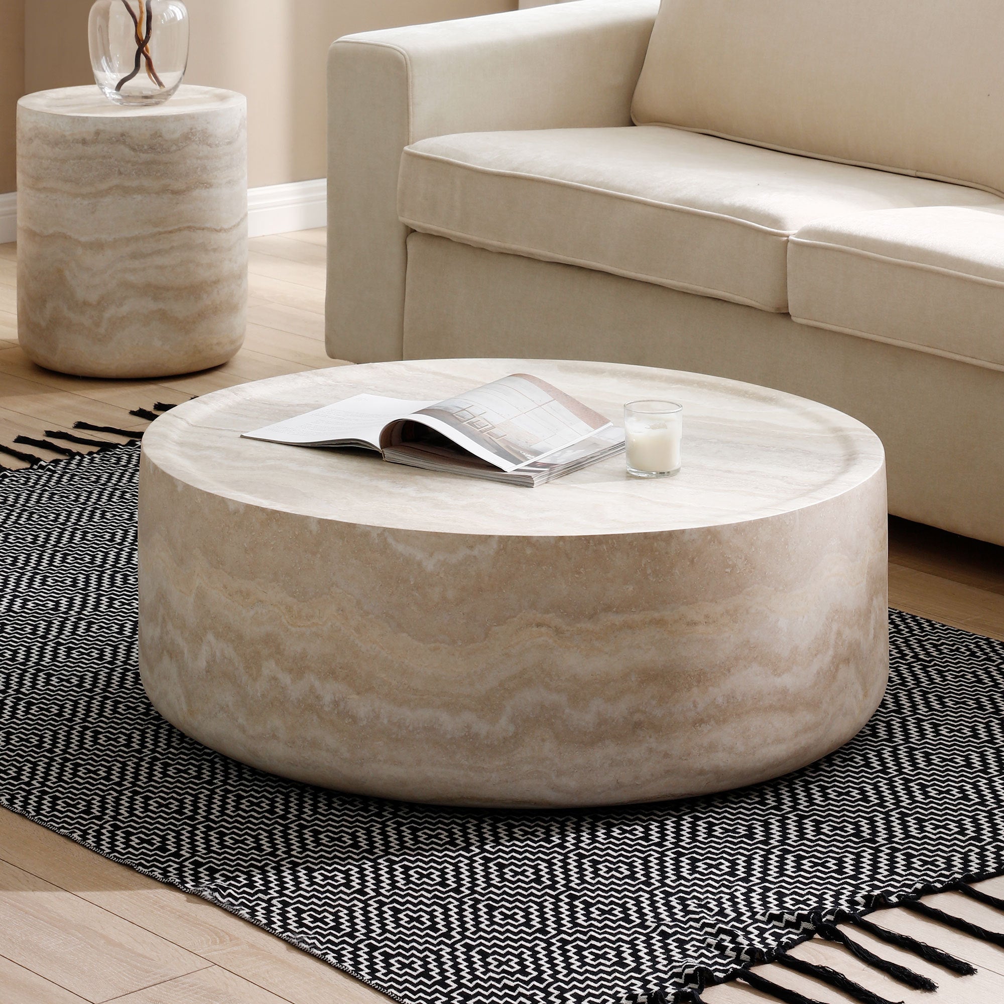 35.43'' Faux MARS Pattern Coffee Tables for Living Room Round Tea Faux Travertine Textured  table for Living Room, No Need Assembly. - Grand Goldman Shop