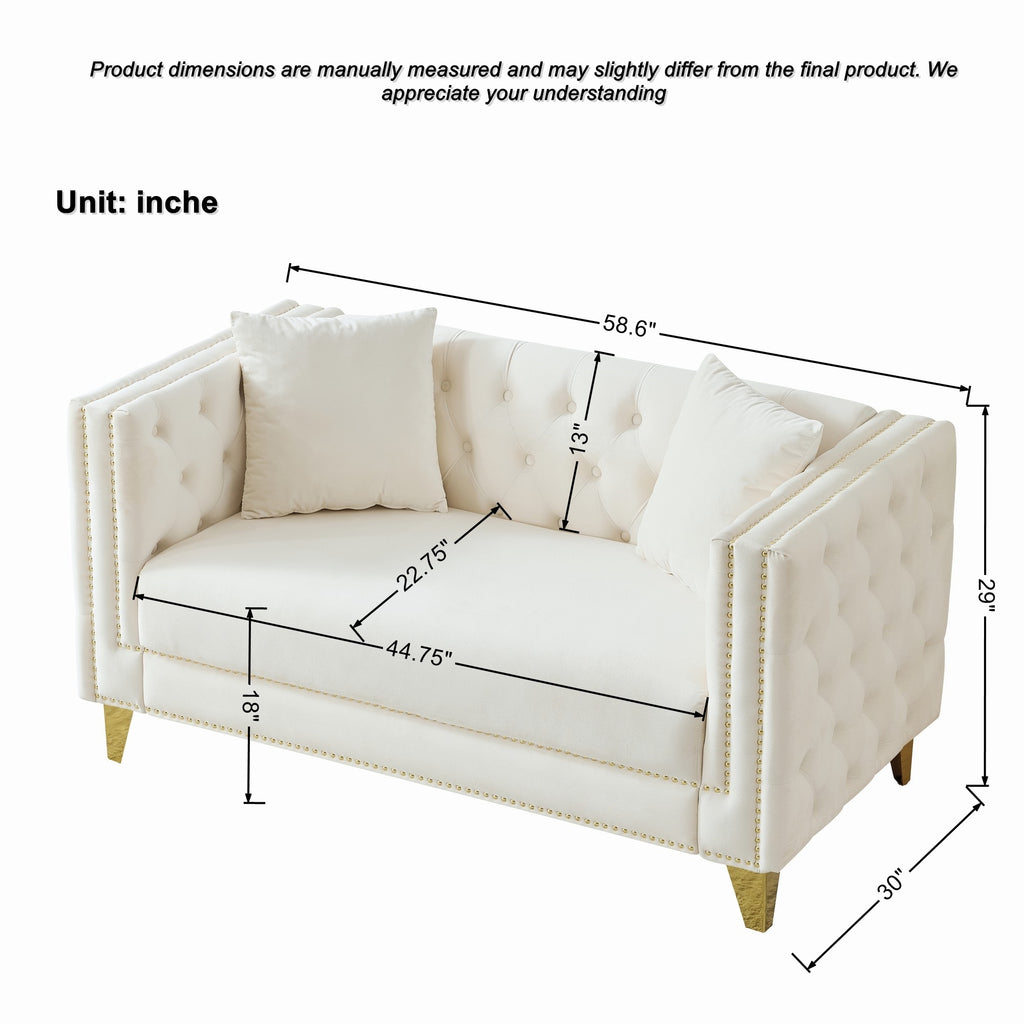 58'Chesterfield Velvet Sofa,2 Seater Deep Seat Sofa,Modern Sofa with Button Nailhead,Square Arm Couches,Furniture for Living Room,Bedroom,Office(Beige) - Grand Goldman Shop