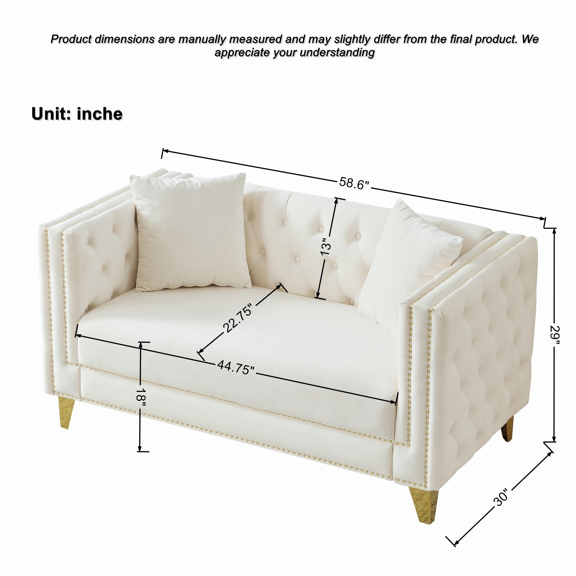 58'Chesterfield Velvet Sofa,2 Seater Deep Seat Sofa,Modern Sofa with Button Nailhead,Square Arm Couches,Furniture for Living Room,Bedroom,Office(Beige) - Grand Goldman Shop