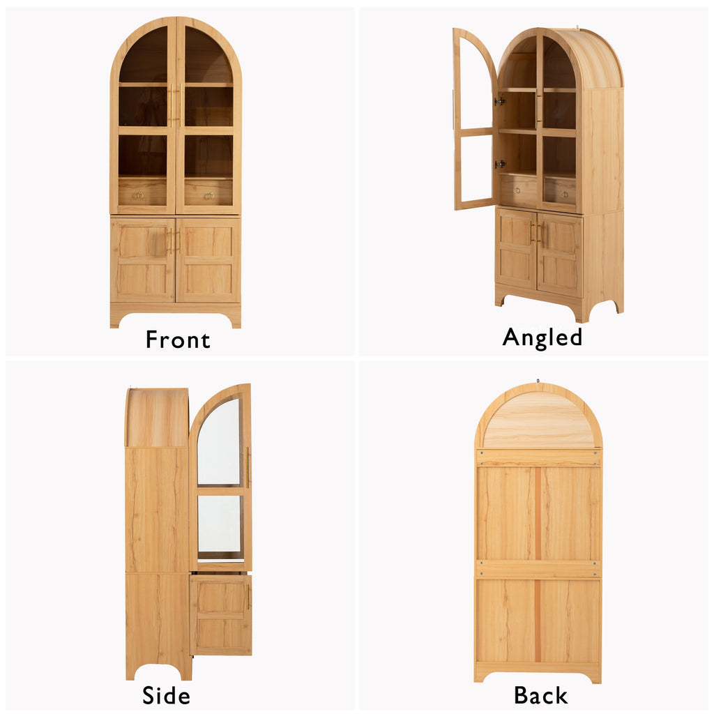 K&K 71' Tall Arched Kitchen Pantry Cabinet with Door Shelves, Farmhouse Kitchen Storage Cabinet with Open & Adjustable Shelves, Hidden Drawer & Glass Door, Cupboard for Kitchen, Dining Room, Natural - Grand Goldman Shop