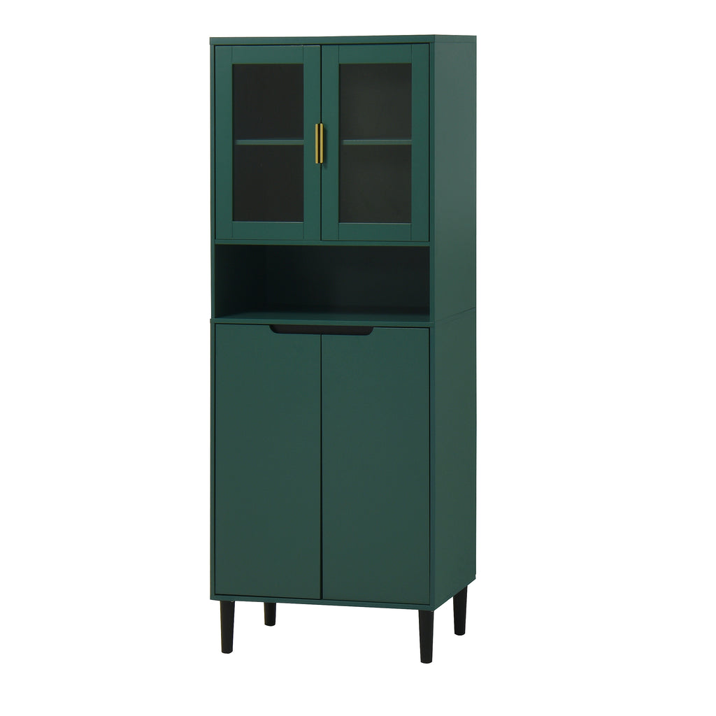 Tempered Glass Door Tall Storage Bookcase with adjustable board, 4 doors MDF painting finished cabinet, Green, Living room Bedroom storage - Grand Goldman Shop