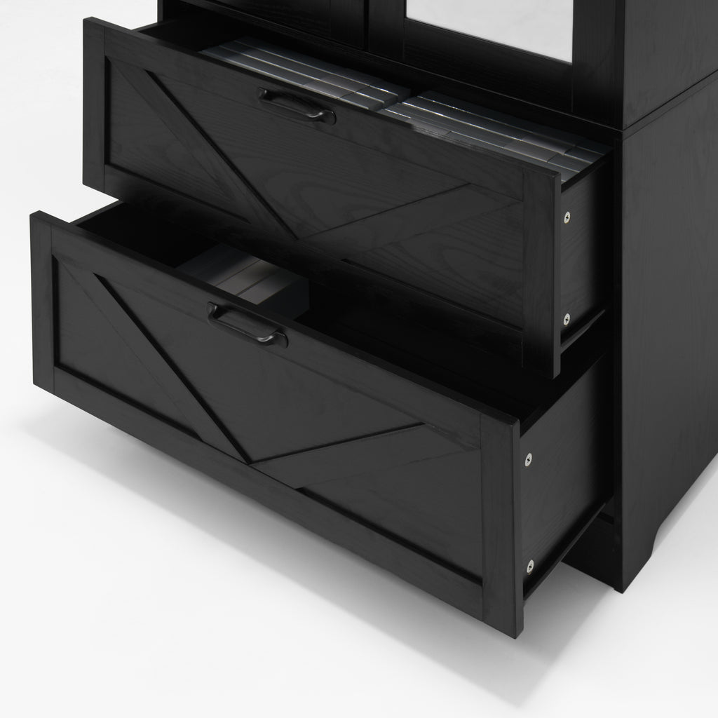 2 Door Wood Wardrobe for Bedroom with Hanging Clothing Rod inside the Cabinet and 2 Drawers for Storage Organization, Built-in induction light Multifunctional Closet with Mirror, Black - Grand Goldman Shop