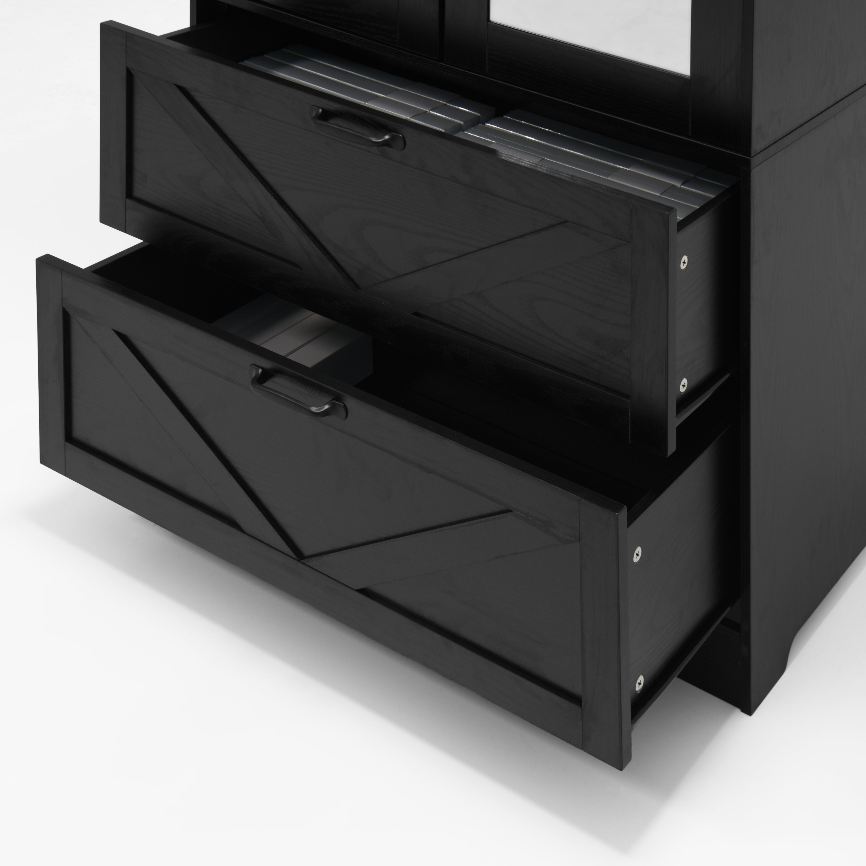 2 Door Wood Wardrobe for Bedroom with Hanging Clothing Rod inside the Cabinet and 2 Drawers for Storage Organization, Built-in induction light Multifunctional Closet with Mirror, Black - Grand Goldman Shop