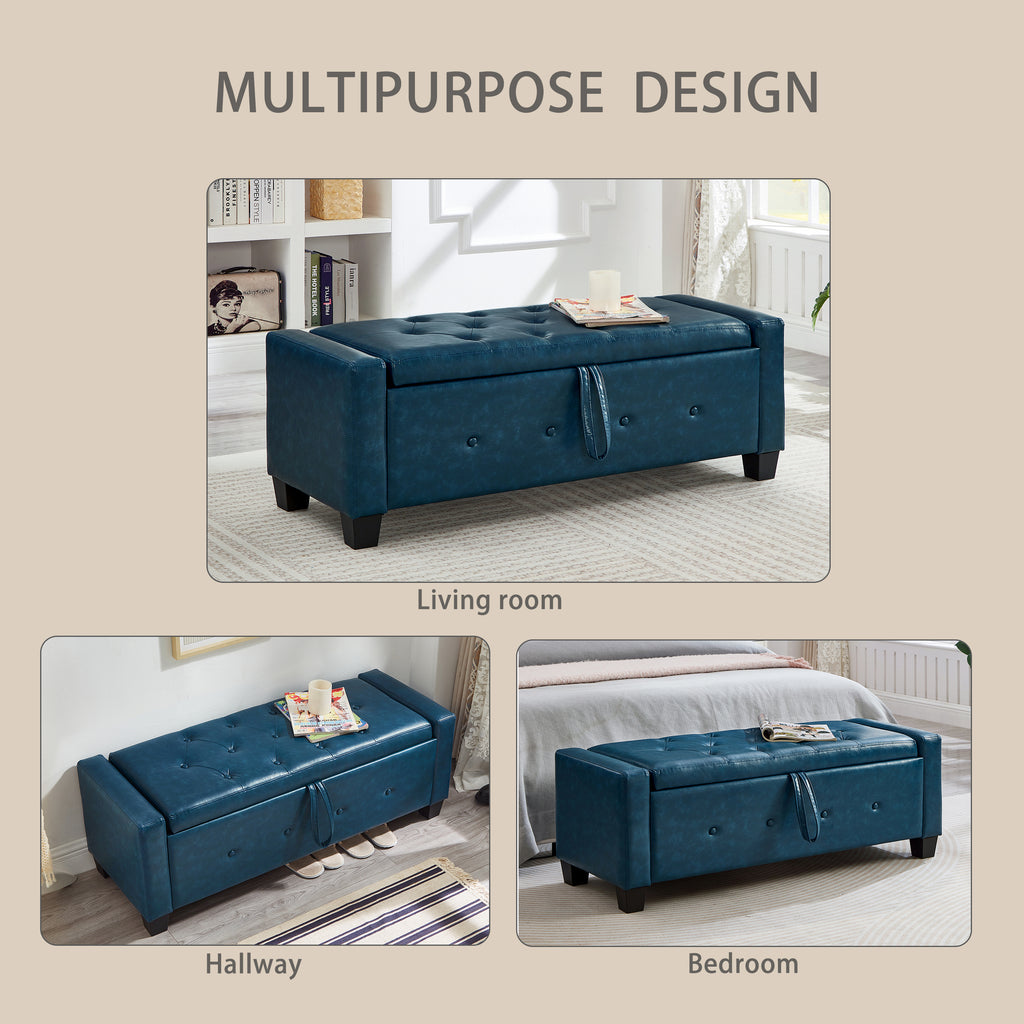 48' Ottoman Bench with Storage, Bench for Bedroom,Living Room,Hallway, Upholstered Tufted Faux Leather PU Ottoman Blue - Grand Goldman Shop