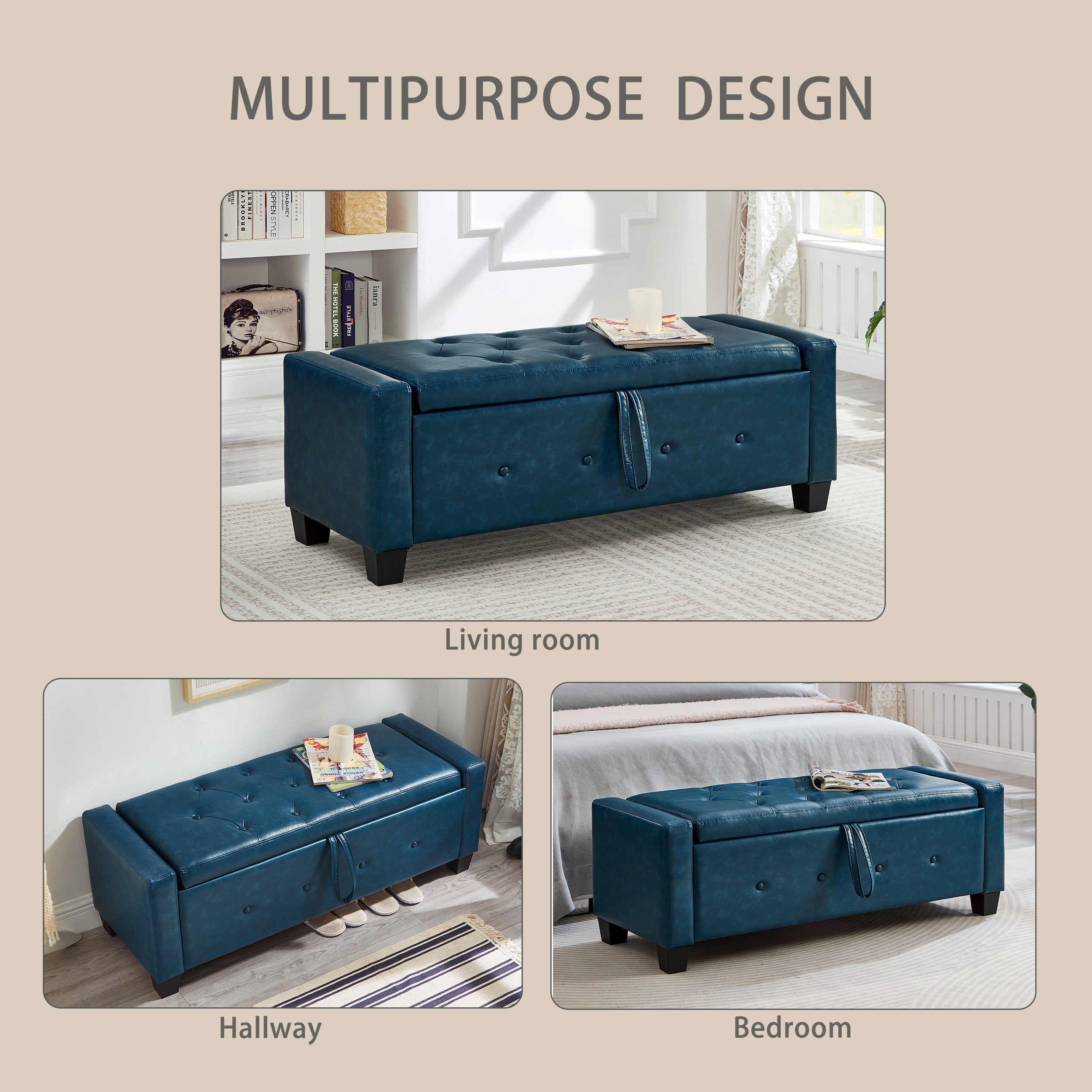 48' Ottoman Bench with Storage, Bench for Bedroom,Living Room,Hallway, Upholstered Tufted Faux Leather PU Ottoman Blue - Grand Goldman Shop