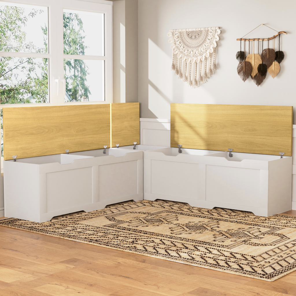 3-Piece L-Shaped Multi-Functional Storage Bench with Cushion, serving as a kitchen corner bench, toy storage box, or reading nook seat., White and Natural, 63'D x 63'W x 19.1'H - Grand Goldman Shop
