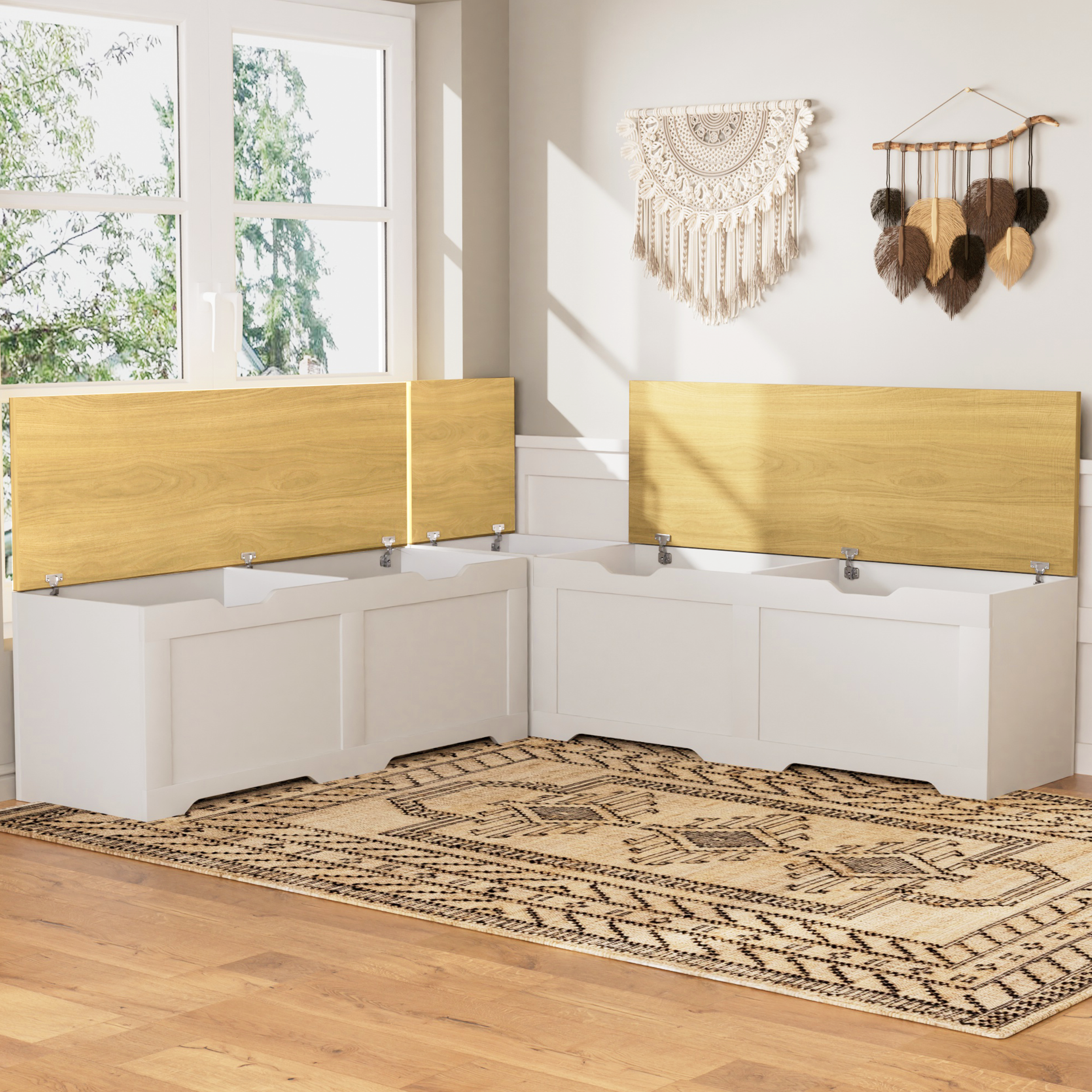 3-Piece L-Shaped Multi-Functional Storage Bench with Cushion, serving as a kitchen corner bench, toy storage box, or reading nook seat., White and Natural, 63'D x 63'W x 19.1'H - Grand Goldman Shop