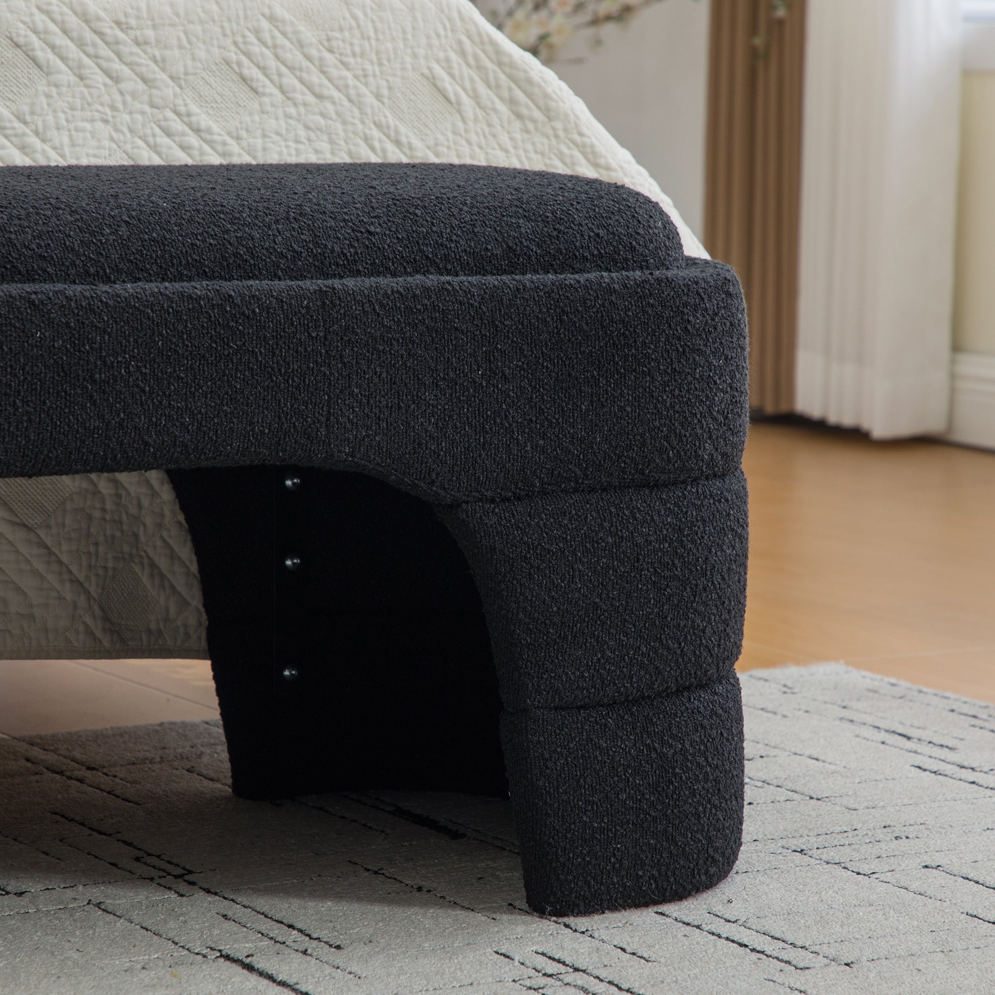 64.96'Wide Modern Upholstered Armless Upholstered Bedroom Benches End of Bed Bench for Entryway, Chenille Ottoman Foot Stool for Living Room and Bedroom, Entryway, Black Boucle - Grand Goldman Shop