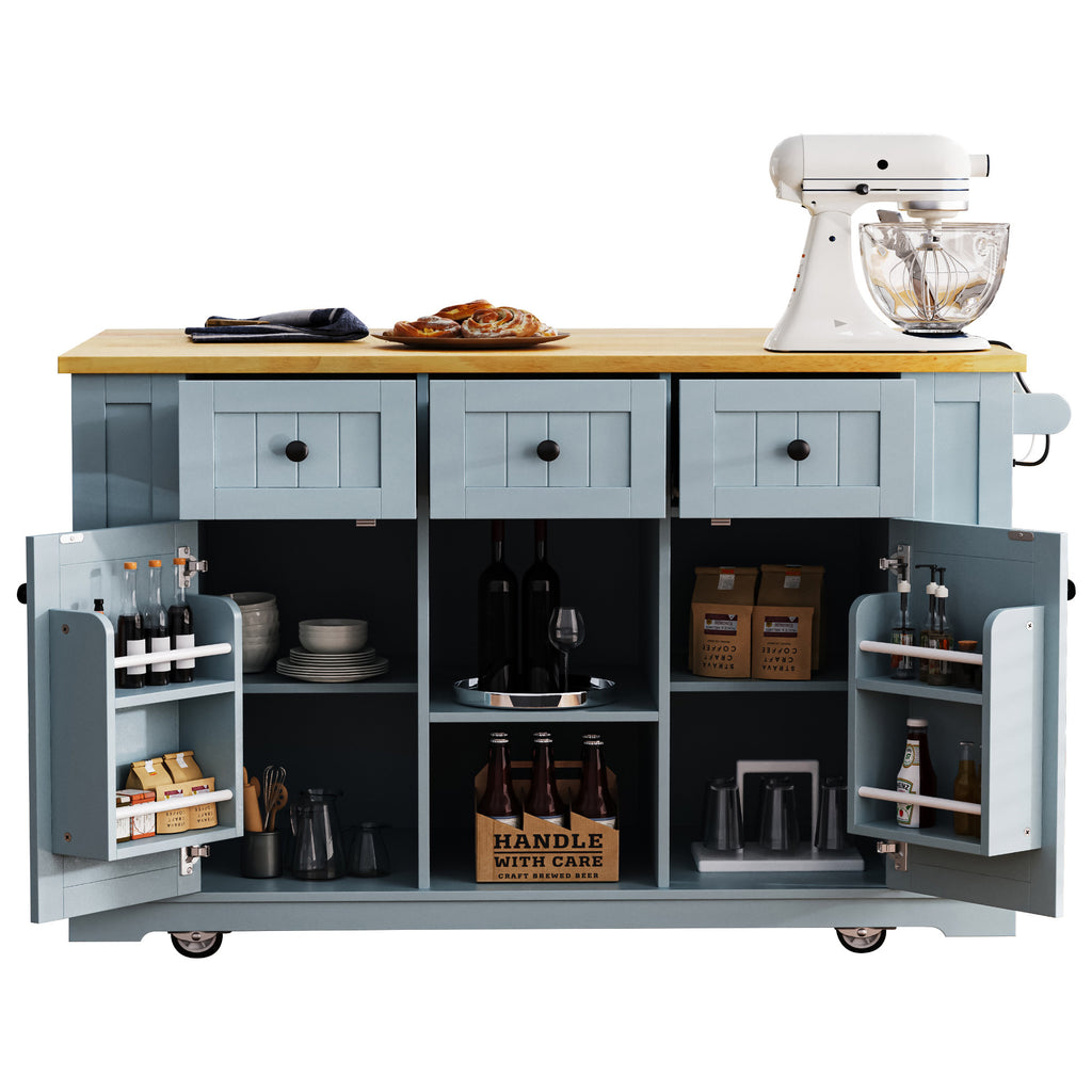 K&K 53inch Large Kitchen Island with 2 Bar Stools,Power Outlet,Door Internal Storage Rack,Kitchen Storage Cart on 5 Wheels with Drop Leaf,5 Open Side Racks,3 Drawers,Grey Blue (Three Packages) - Grand Goldman Shop