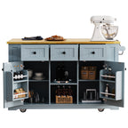 K&K 53inch Large Kitchen Island with 2 Bar Stools,Power Outlet,Door Internal Storage Rack,Kitchen Storage Cart on 5 Wheels with Drop Leaf,5 Open Side Racks,3 Drawers,Grey Blue (Three Packages) - Grand Goldman Shop