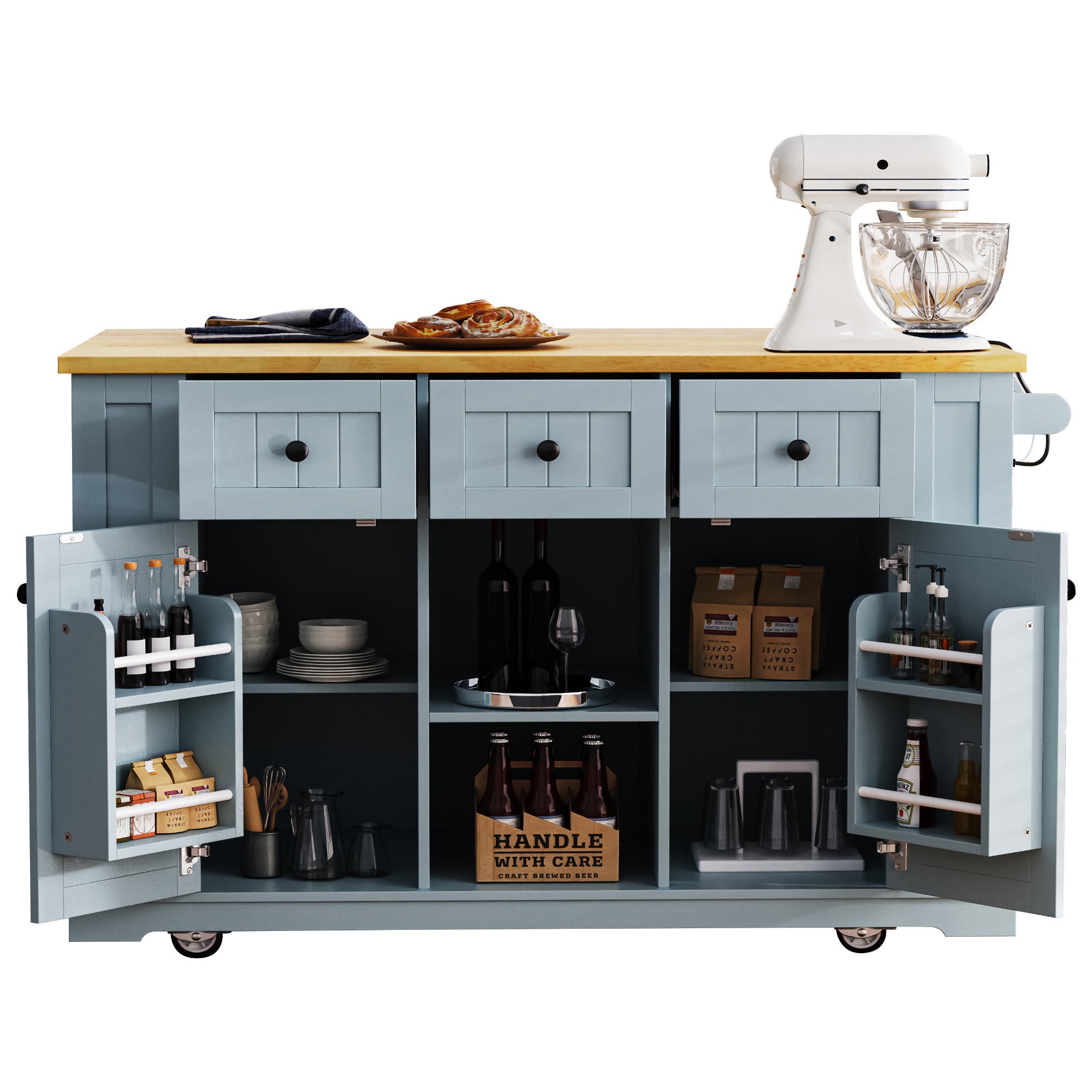 K&K 53inch Large Kitchen Island with 2 Bar Stools,Power Outlet,Door Internal Storage Rack,Kitchen Storage Cart on 5 Wheels with Drop Leaf,5 Open Side Racks,3 Drawers,Grey Blue (Three Packages) - Grand Goldman Shop