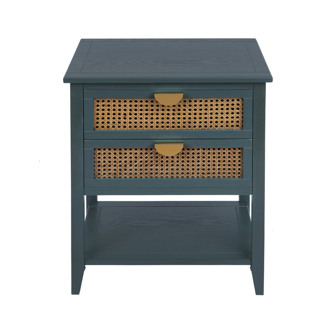 2-Drawer Side Table - Natural Rattan - End Table - Suitable for Bedroom, Living Room, or Study - Green MDF - Grand Goldman Shop